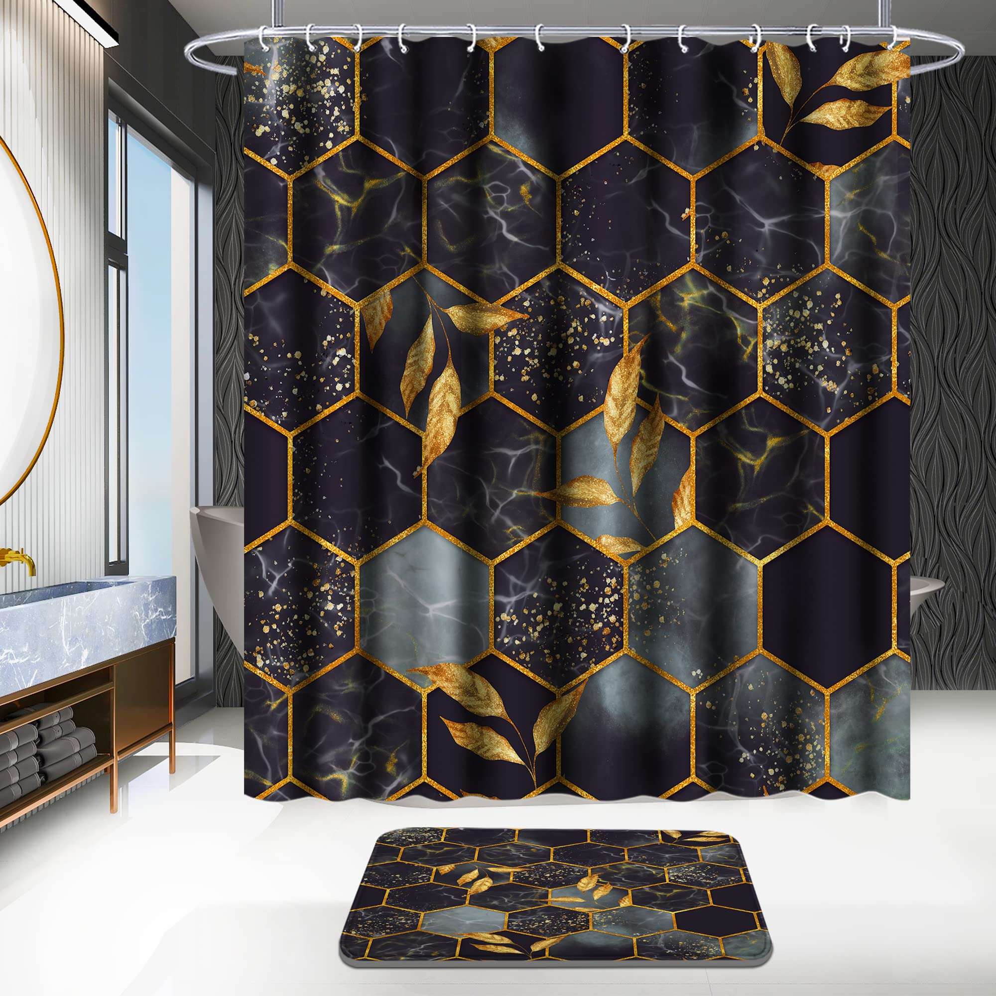 Poedist 4 Pcs Bathroom Shower Curtain Set,Bathroom Sets With Rugs(Bath Mat,U Shape And Toilet Lid Cover Mat) And 12 Hooks,Honeyc