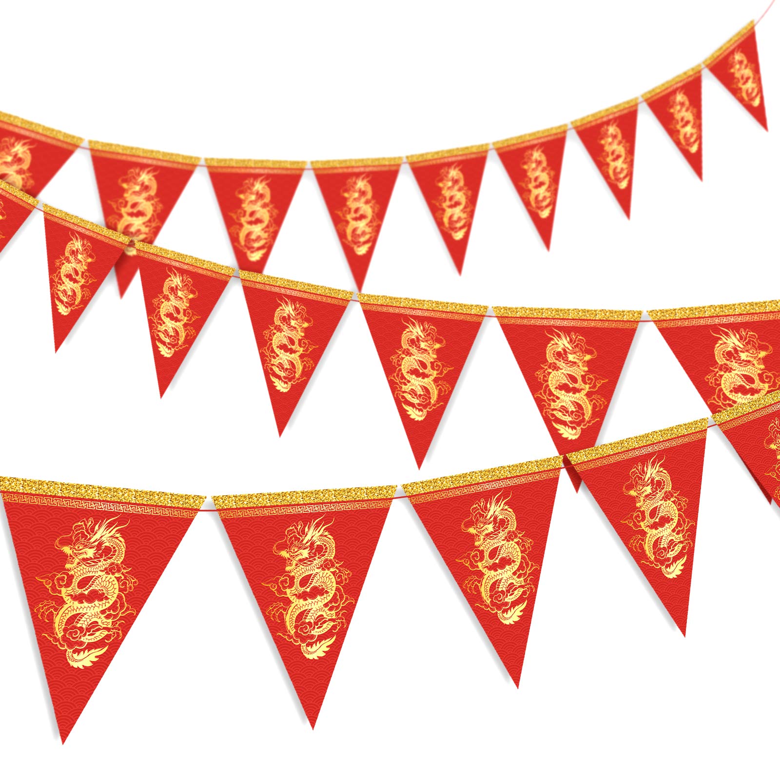 Whaline 20Pcs Chinese New Year Dragon Pennant Banner 2024 Spring Festive Triangle Bunting Flag Pre-Assembled Garland For Chinese
