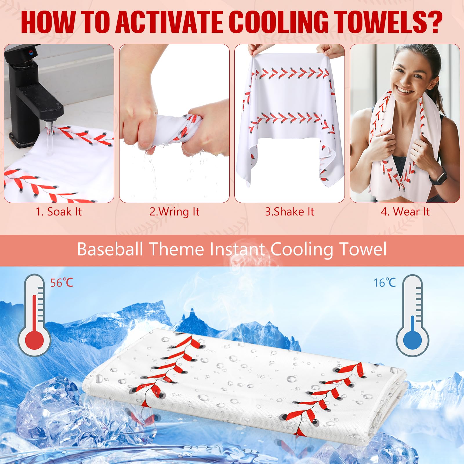 Hahafelt 12 Pack Baseball Cooling Towels, Sports Towels with Bags, 40x12 Breathable Chilly Towel, Microfiber Towel for Baseball
