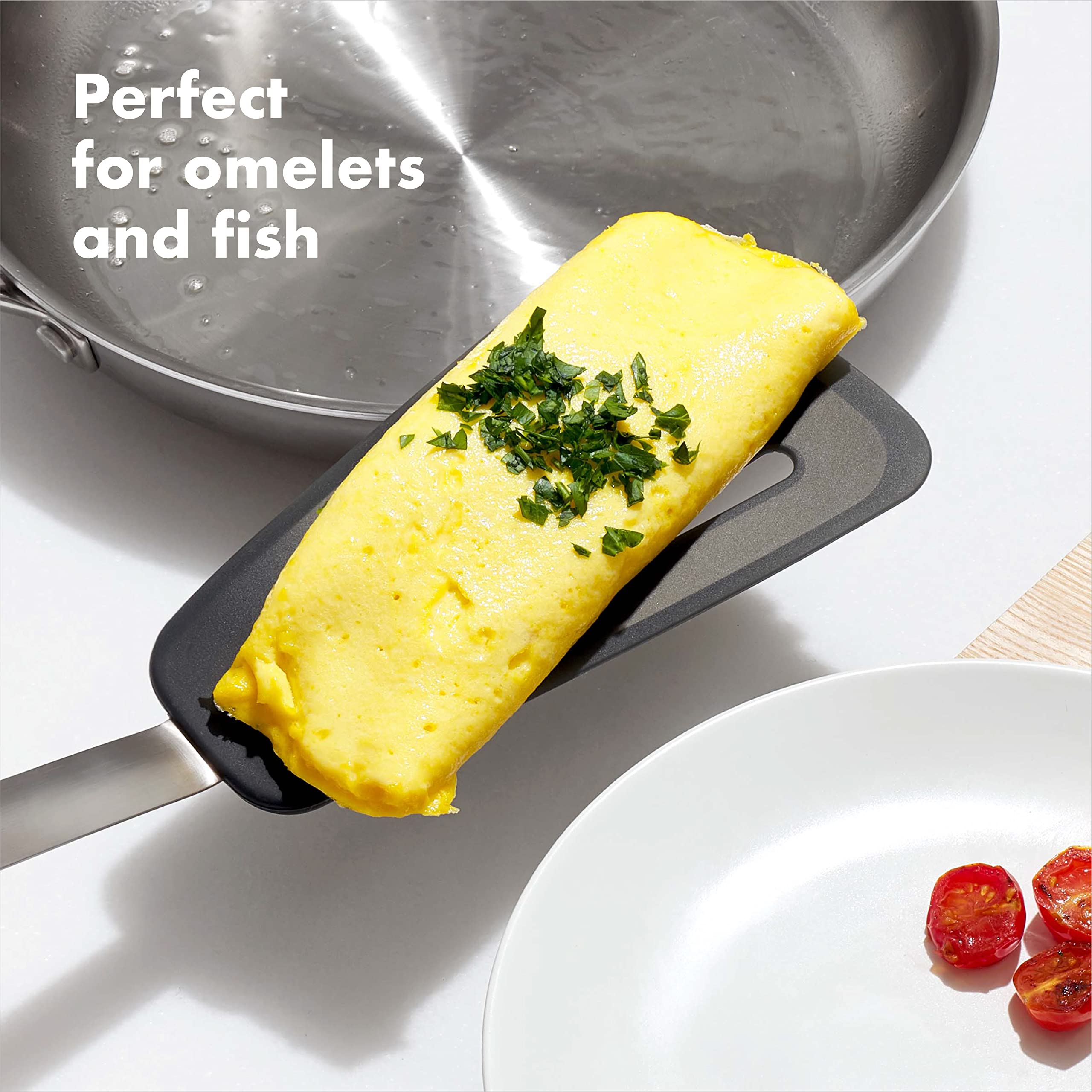 OXO Good Grips Silicone Flexible Omelet Turner, Black, Stainless Steel, One Size, Model 1071532V5