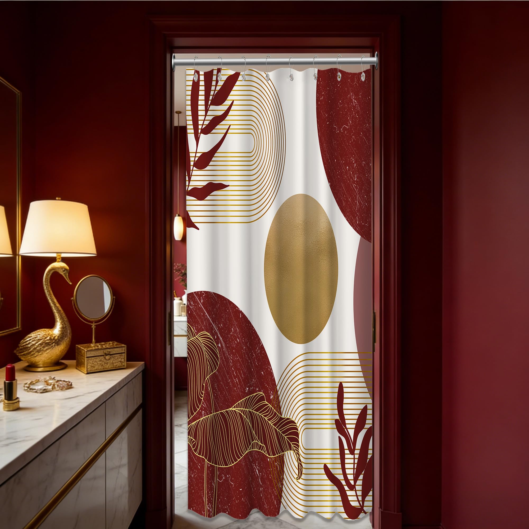 Keeuy Red And Gold Shower Curtain Burgundy Dark Red And White Shower Curtains For Bathroom Decor Abstract Mcm Bath Curtain Set, 
