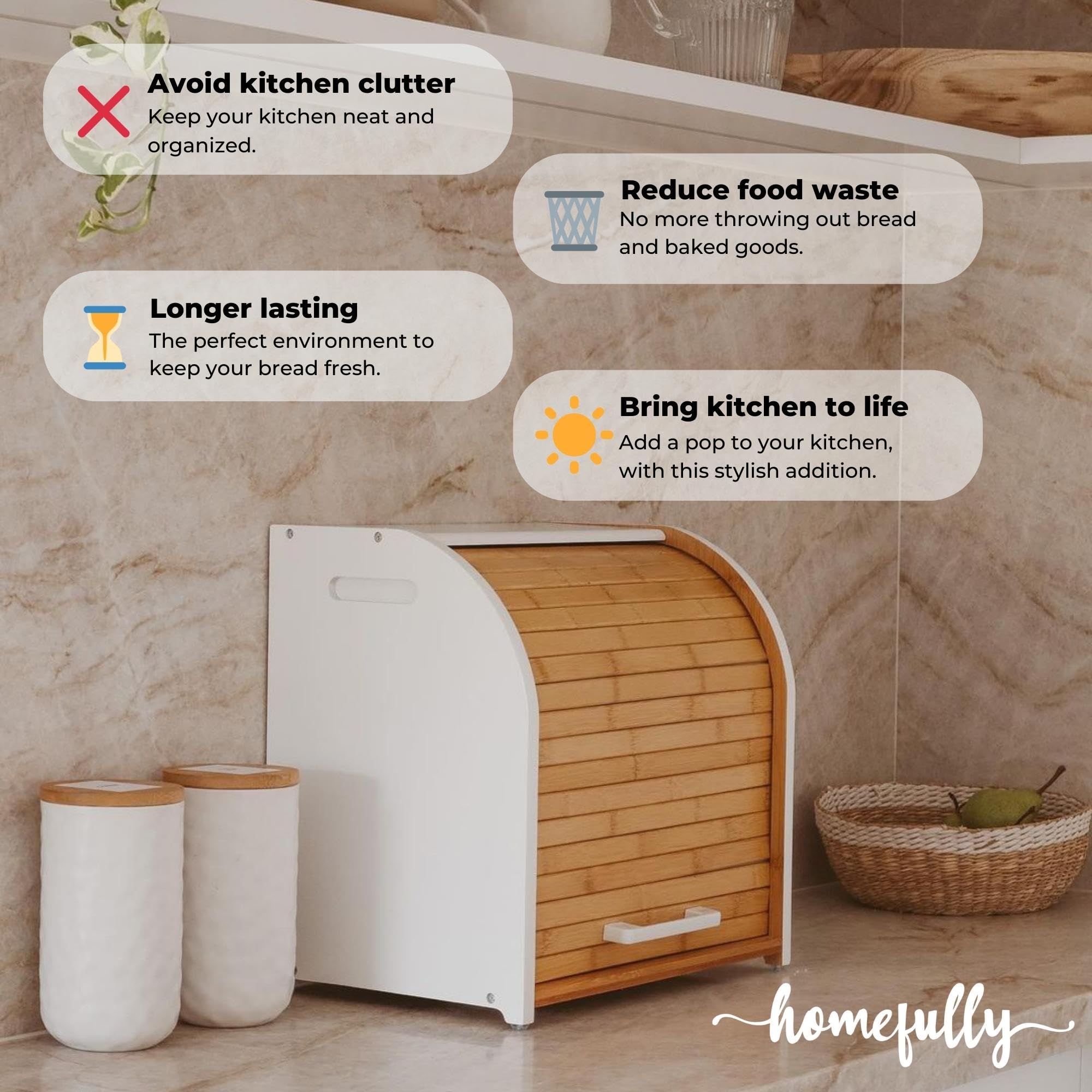 Homefully Bamboo Double Layer Bread Box, Extra Large Roll Top, White, Model BB638