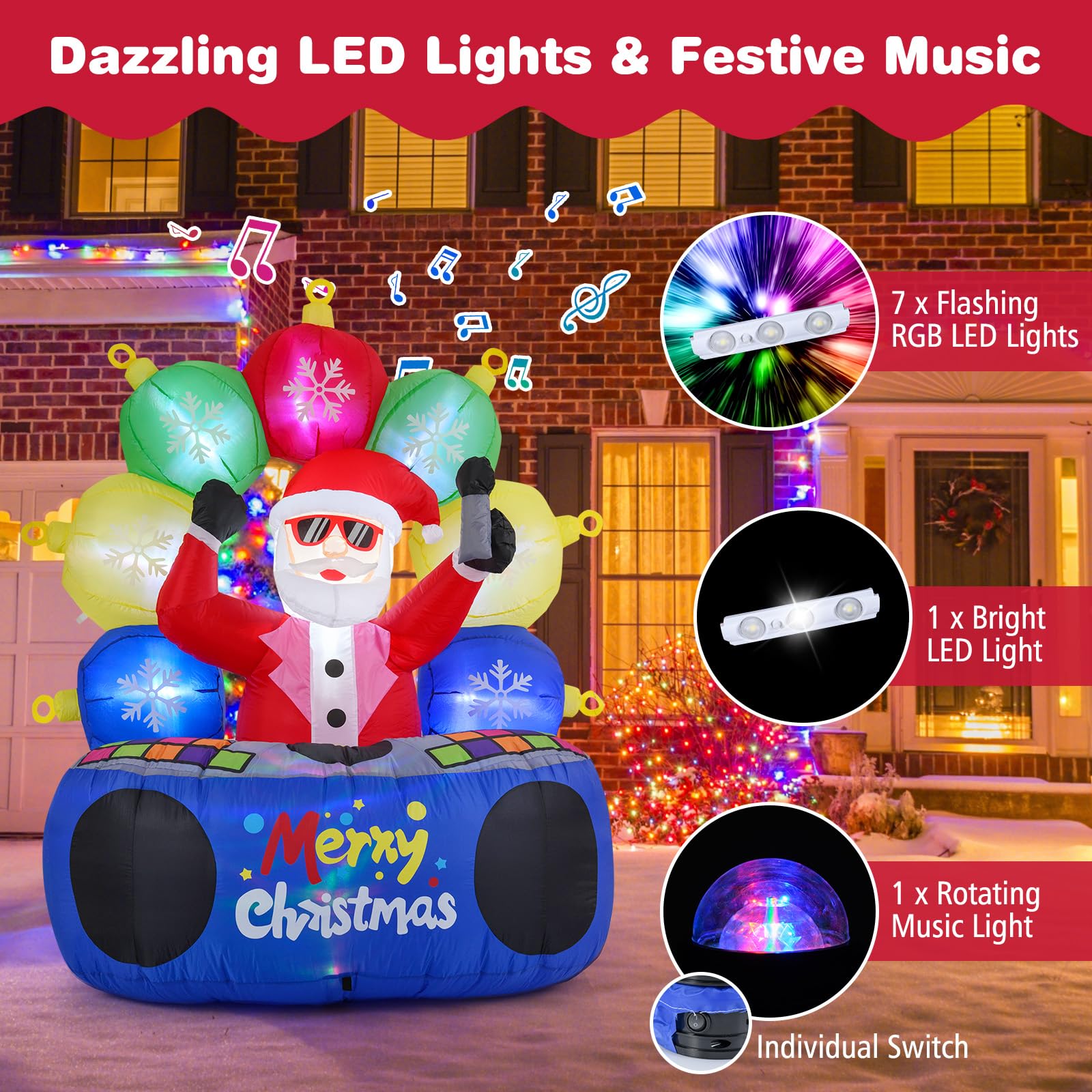 Tangkula 6Ft Inflatable DJ Santa, Blow up Christmas Party Santa Claus Decoration with Rotating Music Light, Mute Mode, Color-Cha