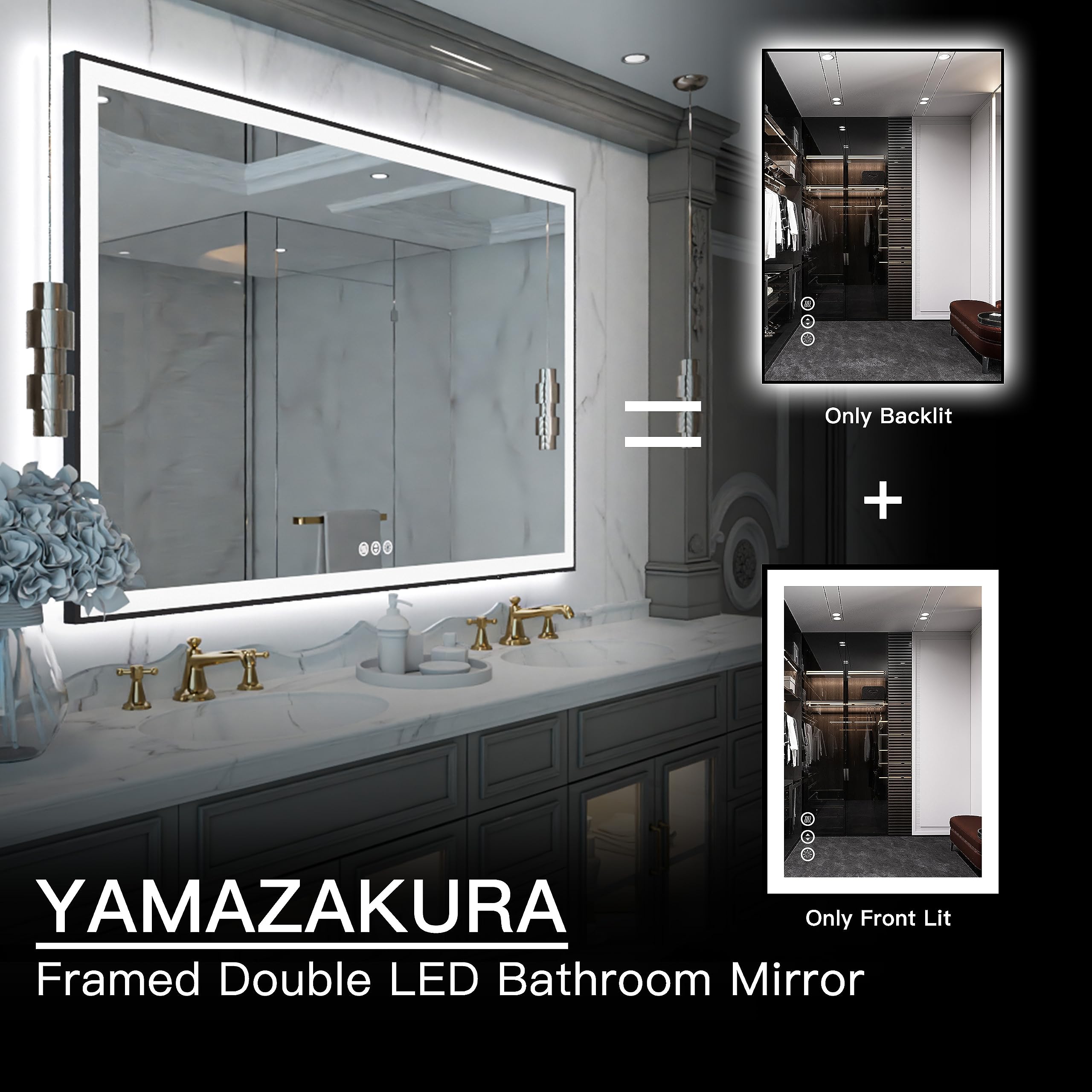 Yamazakura Large Light Bathroom Mirror 60X40 Backlit And Front Lighted Led Wall-Mounted Vanity Mirror Modern Rectangle Black Mir