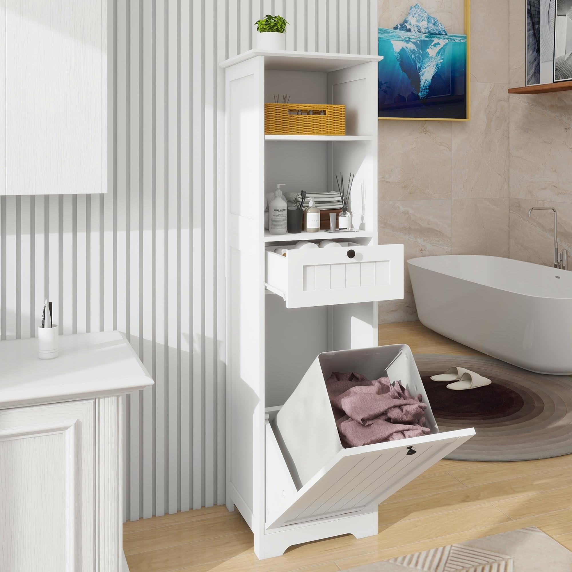 Oqsc Tall Tilt Out Laundry Room Cabinets And Storage With Hidden Removable Basket, Pull Out Laundry Cabinet Hamper With Door And