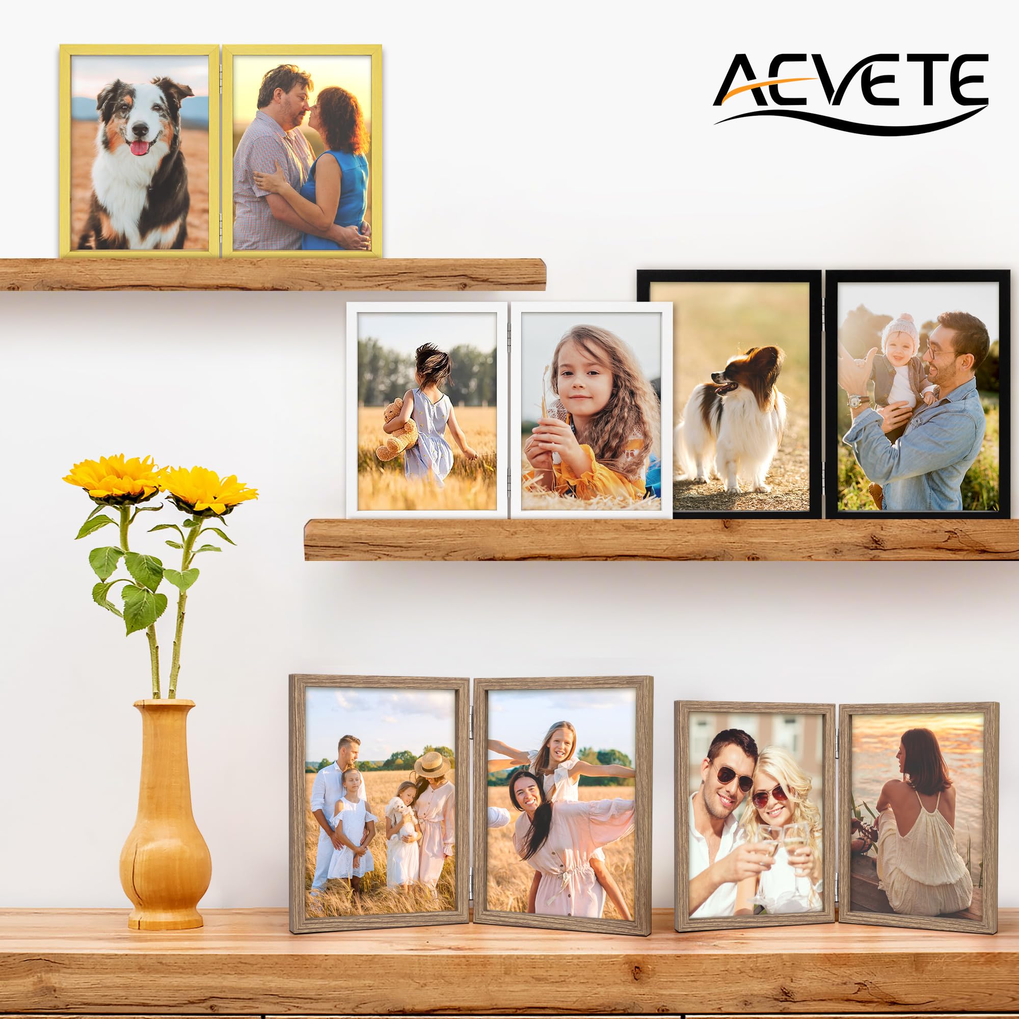 AEVETE 3.5x5 Picture Frames Double Hinged Wood Folding Photo Frames Vertical with Plexiglass Front, Wood Grain