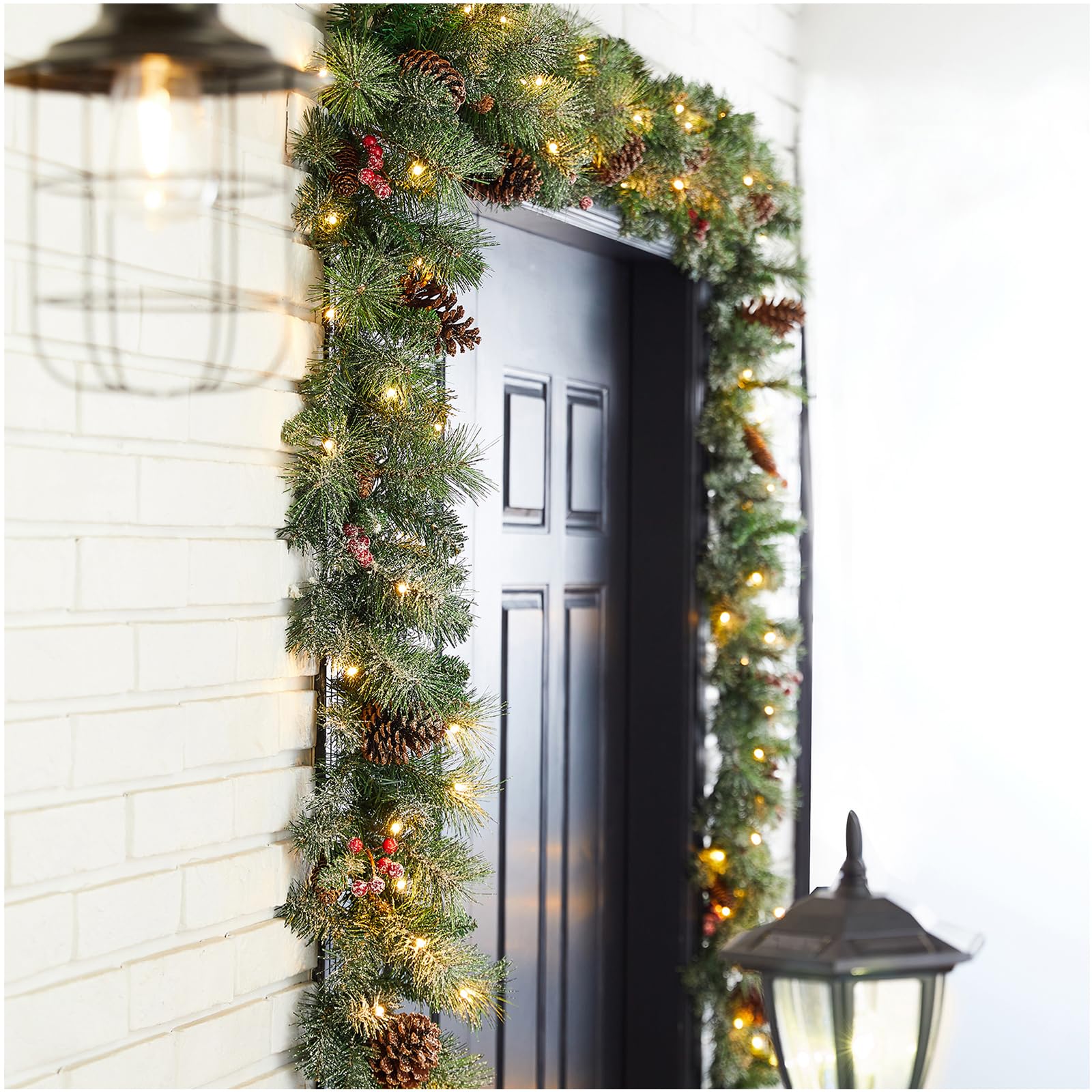 Glitzhome 2PK 9ft Prelit Christmas Garlands, Glittered Greenery Garlands Artificial Pine Garlands with Pine Cones Berries, Chris