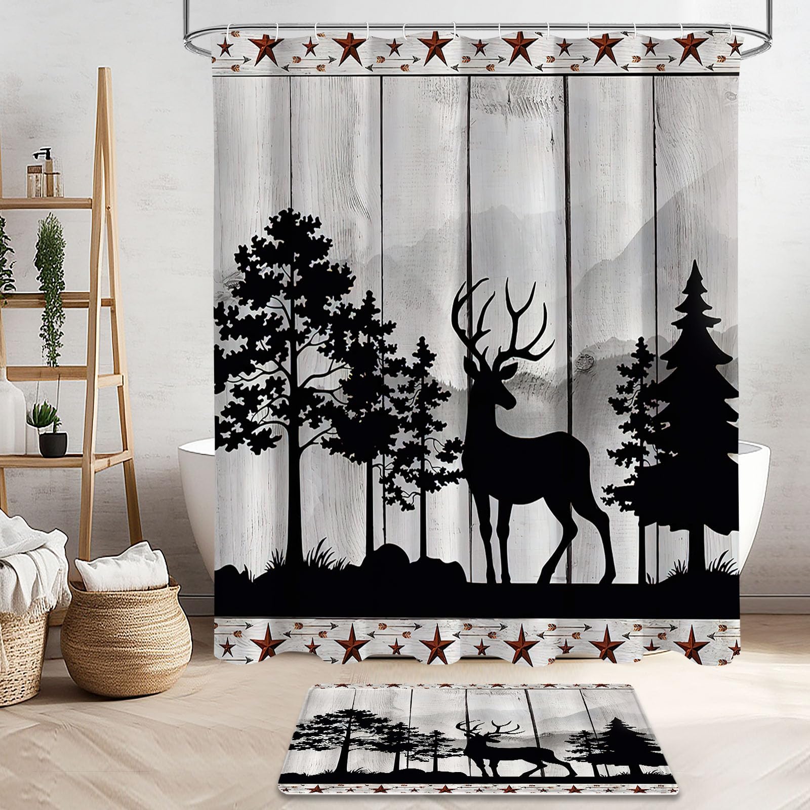 Litabel 4 Pcs Rustic Forest Deer Shower Curtain Set With Non-Slip Rugs, Toilet Lid Cover And Bath Mat, Wooden Country Bathroom D