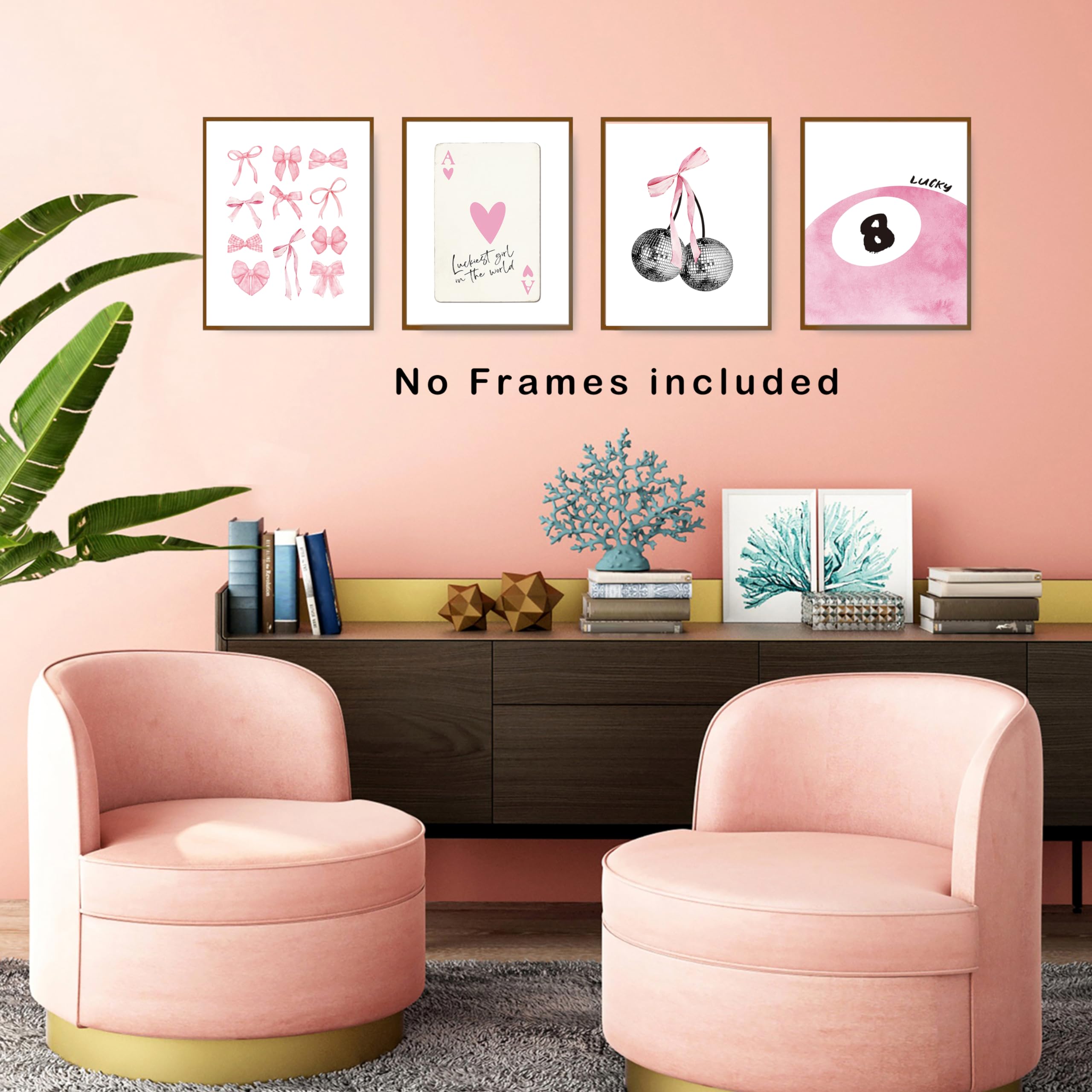 Okaxscm Pink Coquette Trendy Preppy Wall Art Prints Set Of 4, Coquette Room Decor, Preppy Room Decor Aesthetic, Pink Bow Disco 8