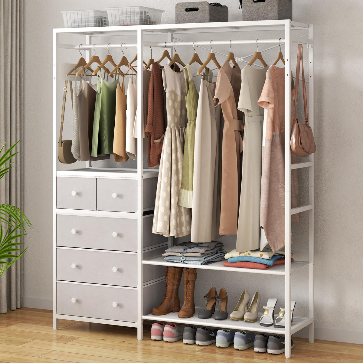 Auromie Clothes Rack With 5 Drawers & 4 Storage Shelves, 59.1W*70.9H Heavy Duty Clothing Rack With 2 Hanging Rods, Wardrobe Clos