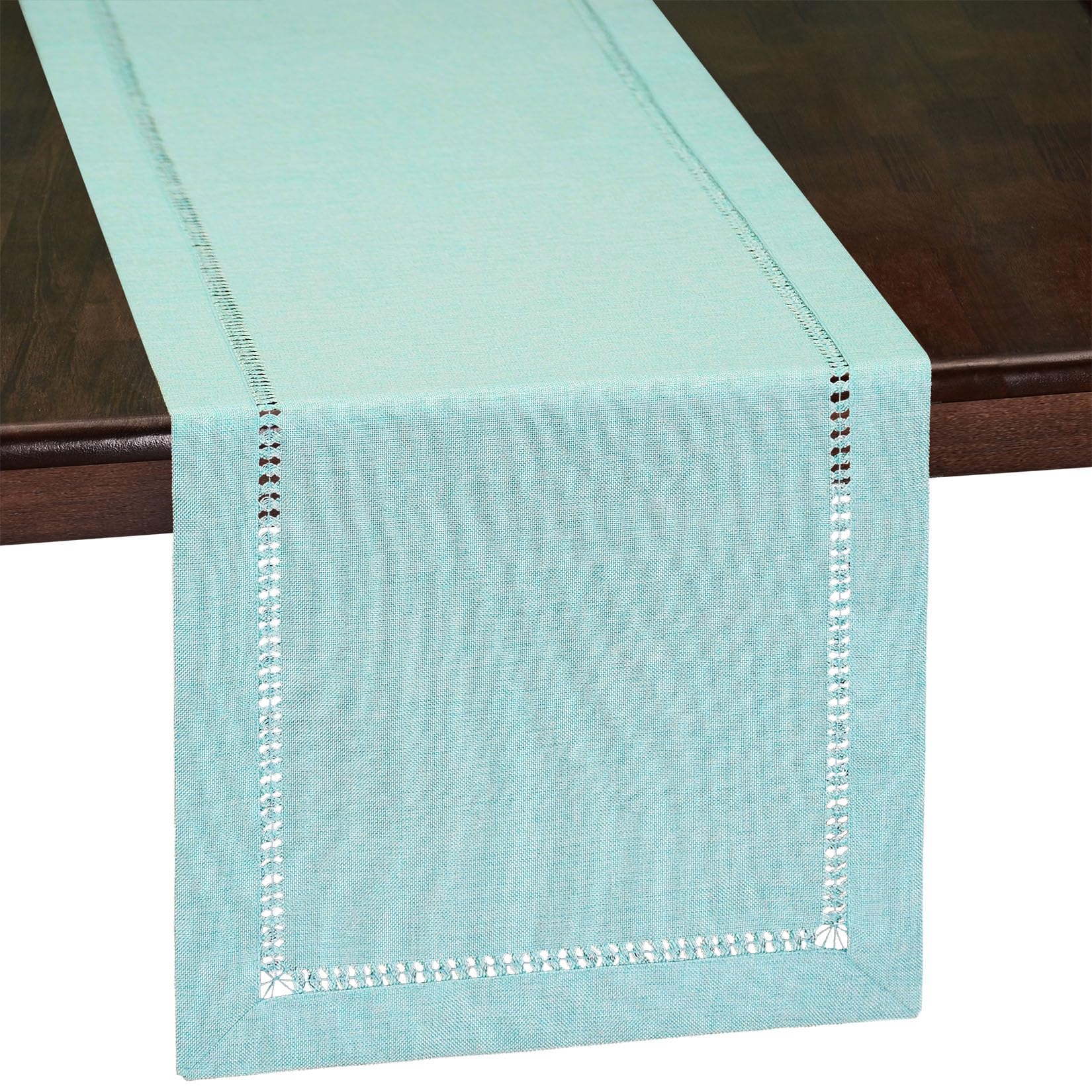 Grelucgo Handcrafted Solid Color Dining Table Runner, Dresser Scarf, Double-Hemstitched (Aqua, 14 X 48)