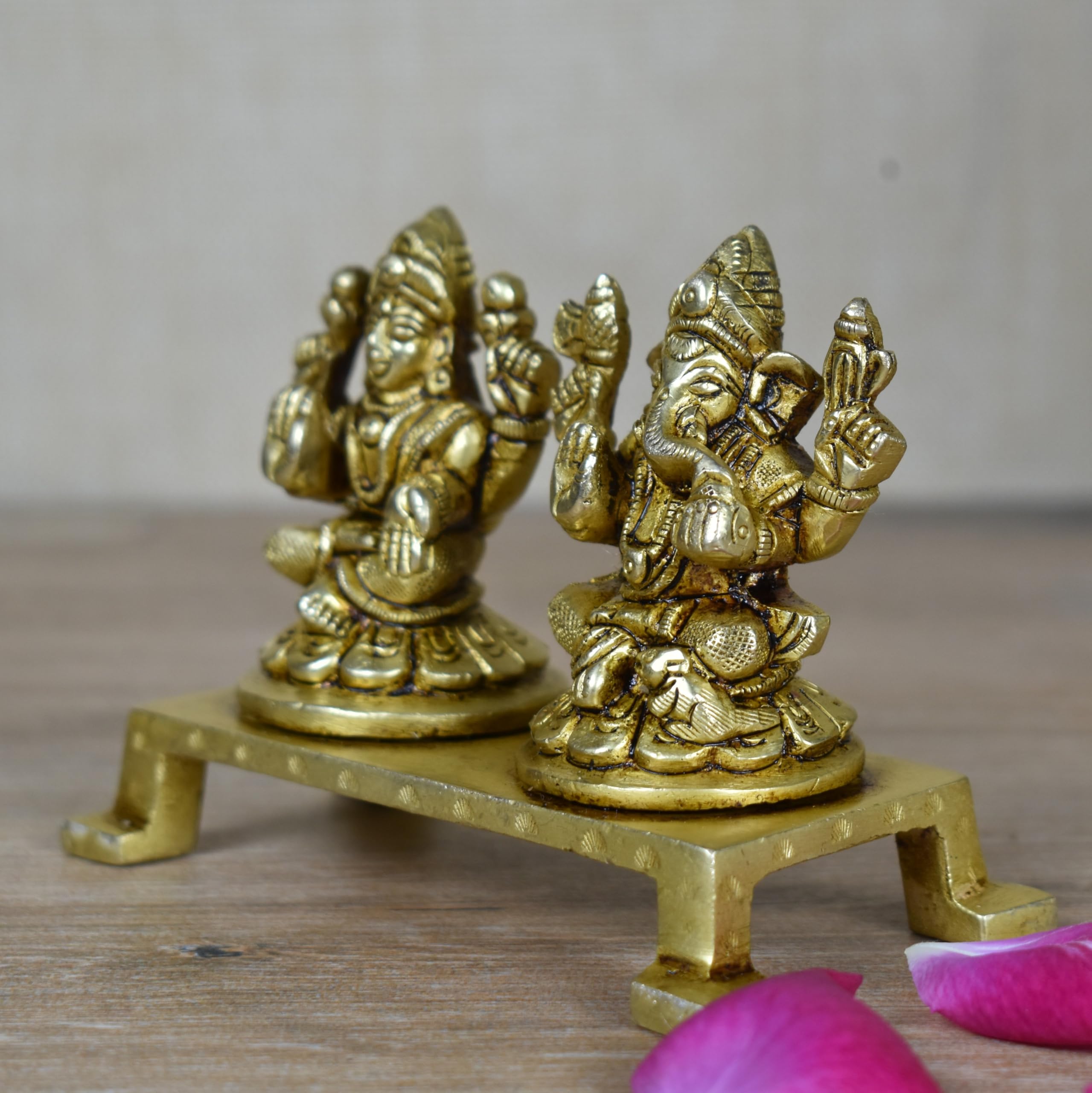 Vintage Gulley Brass Laxmi Ganesh Idol Set With Chowki Stand, Peetal Ganesha Lakshmi Paoti For Diwali Puja, Study Table, Pooja R