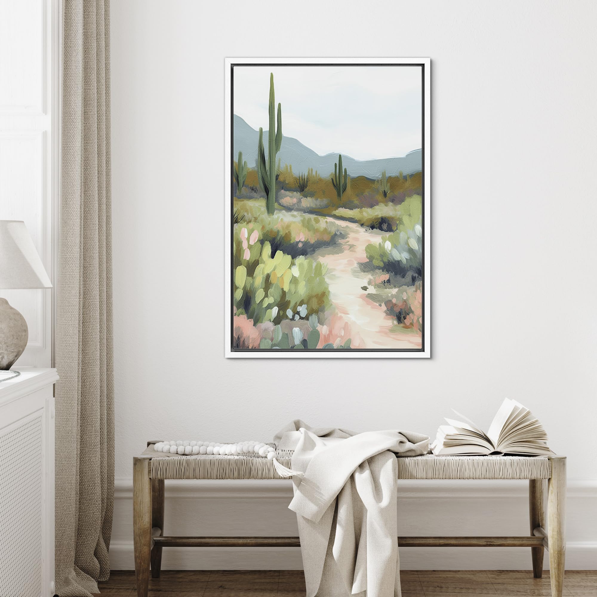 Signford Framed Canvas Print Wall Art Desert Path With Cacti Nature Wilderness Illustrations Modern Art Decorative Rustic Relax/