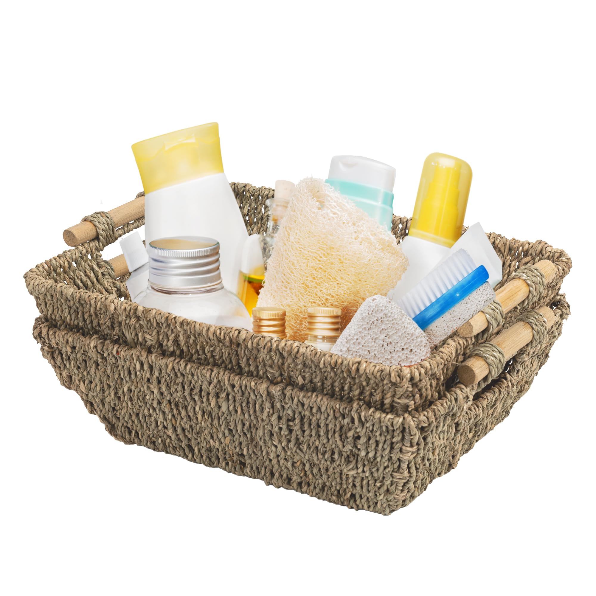 Onhomes Ella Seagrass Wicker Baskets with Wooden Handles, Wicker Storage Basket, Woven Baskets for Shelves, Seagrass Baskets, Wi