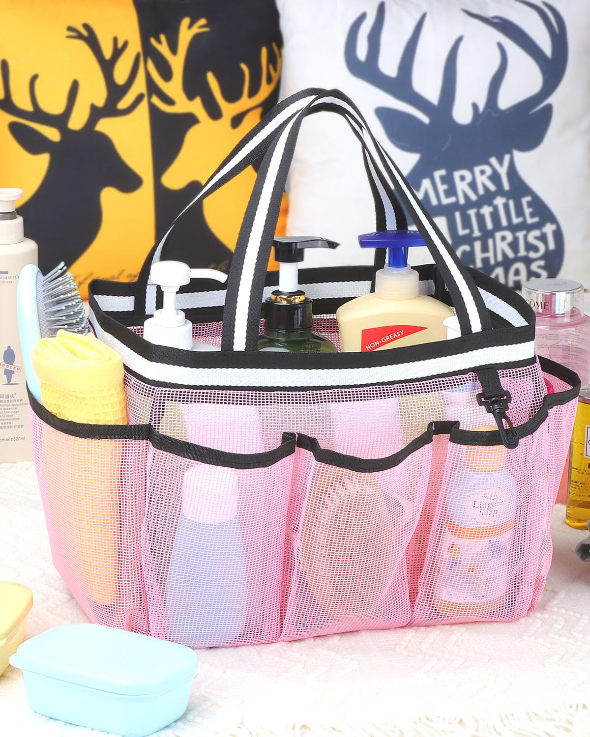 Fiezkaa Mesh Shower Caddy Portable Shower Bag For College Dorm Camping Travel Gym(Pink)