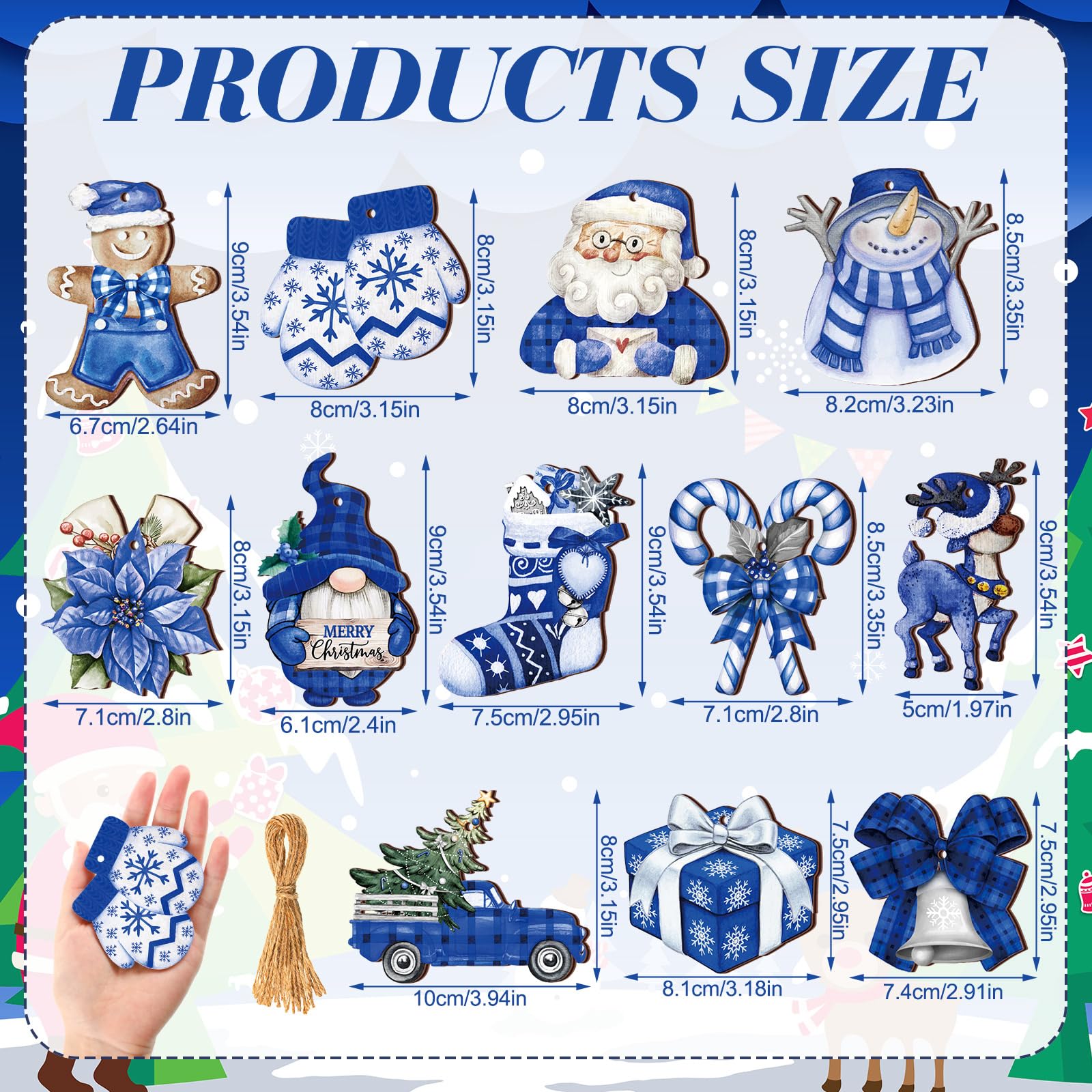 Suzile 36 Pcs Christmas Wooden Ornaments Blue Christmas Ornaments for Tree Vintage Winter Tree Decorations Xmas Hanging Wood Cut