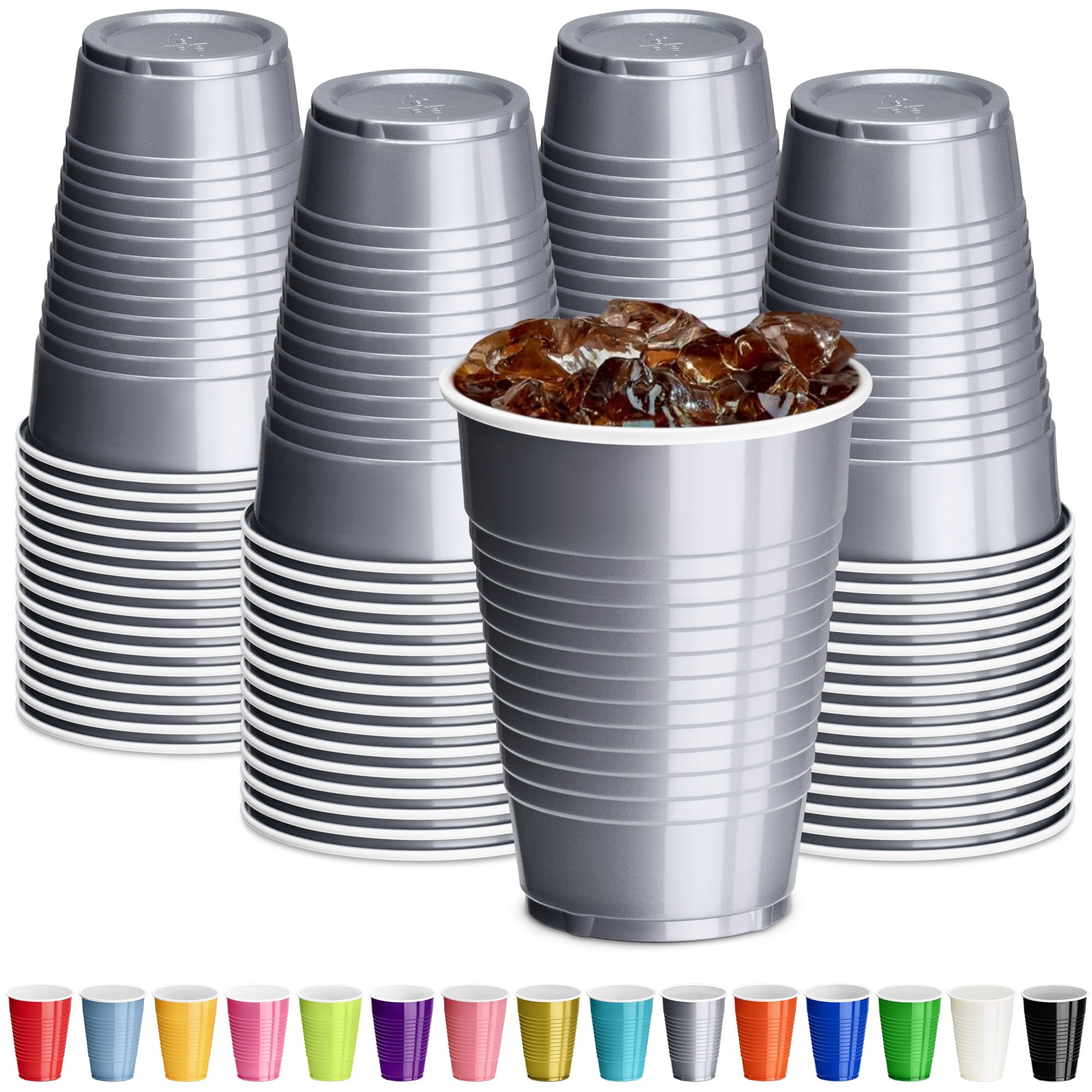 Decorrack Gray Plastic Cups, 12 Oz Disposable Cups, Reusable Party Supplies (120 Count)