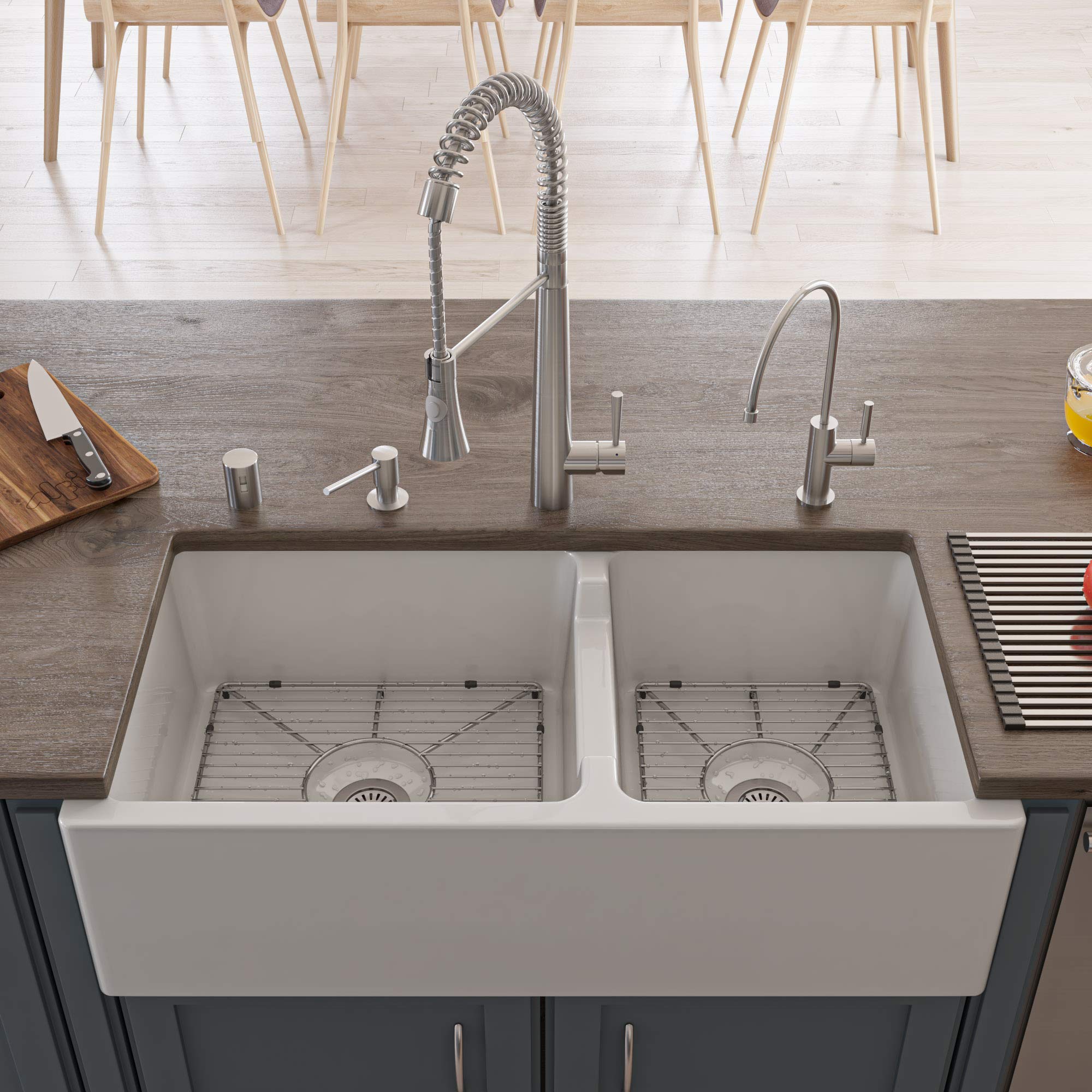 Alfi Brand Ab3618Db-W Smooth Thick Wall Fireclay Double Bowl Farm Sink, 36'', White