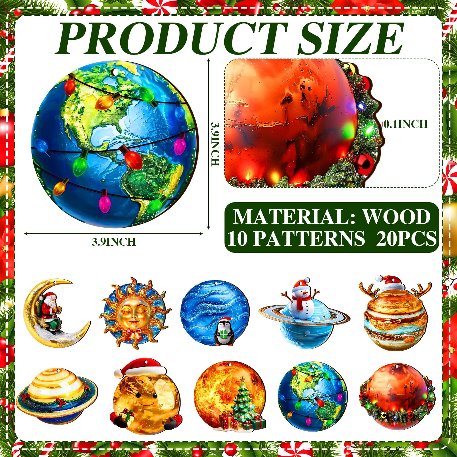 Vercraft 20 Pcs Eight Planets Hanging Christmas Ornaments with Santa Hat Flat Wooden Outer Space Solar System Cutouts Sun Earth