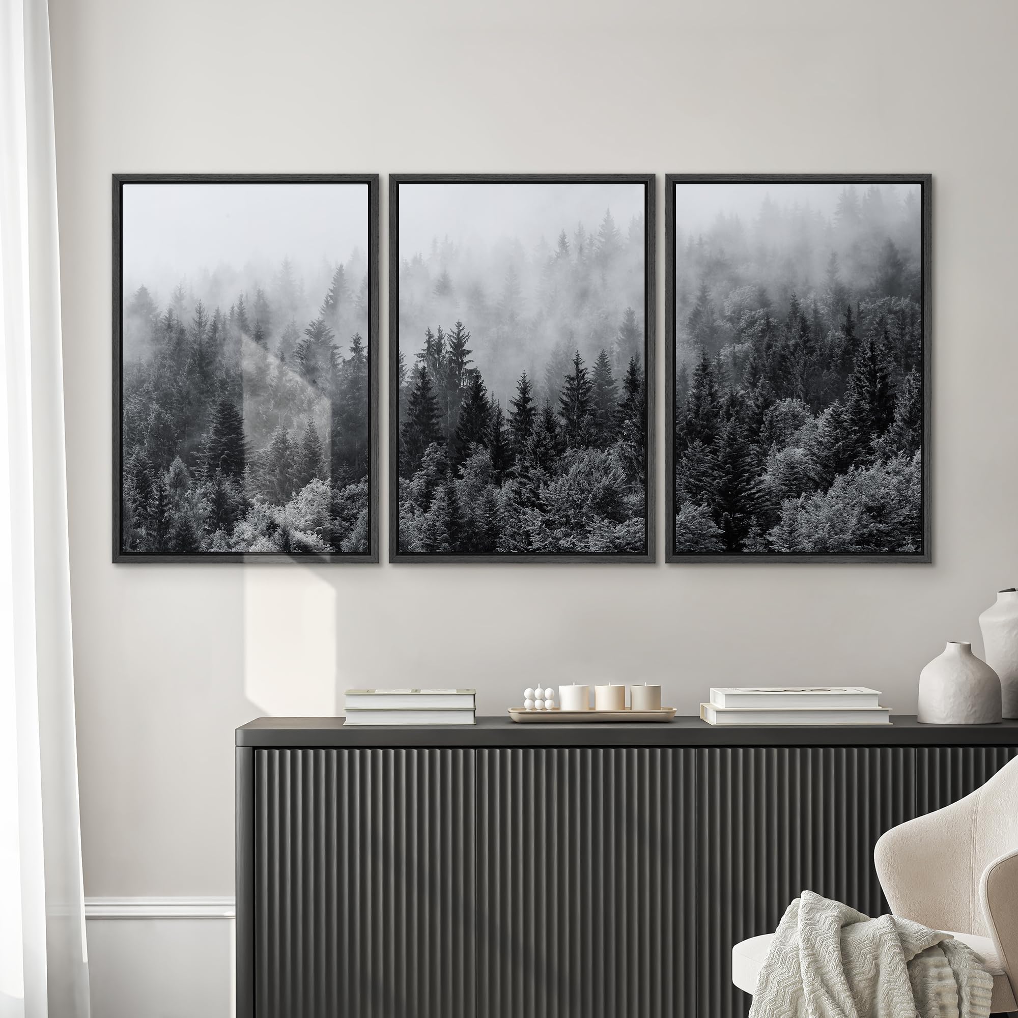 Signwin Framed Canvas Print Wall Art Set Black & White Misty Mountain Forest Nature Wilderness Photography Modern Art Chic Lands