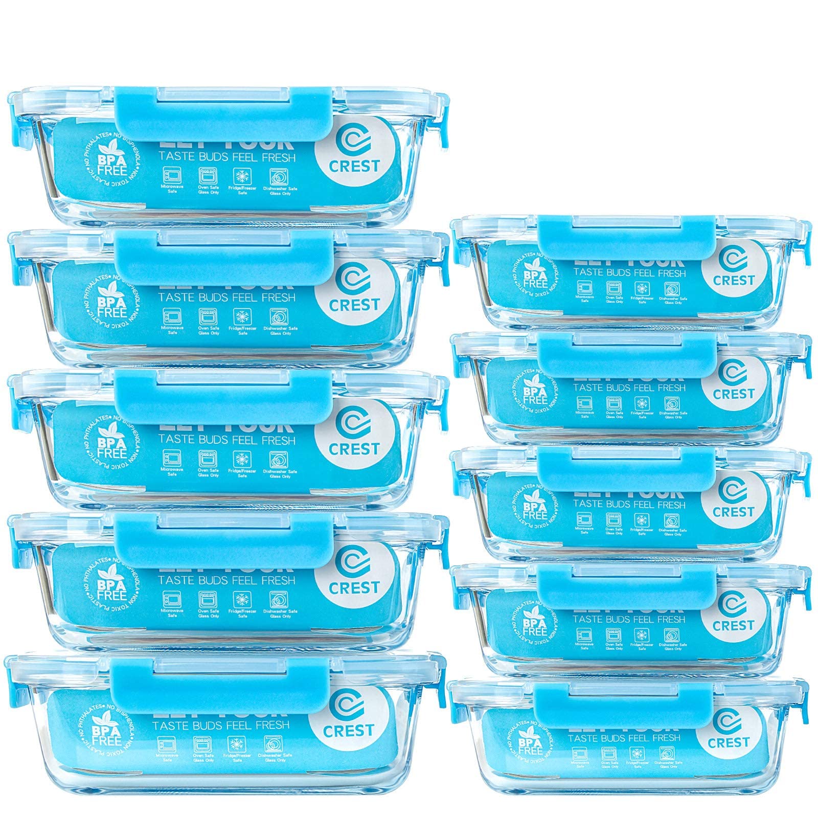 C Crest Glass Meal Prep Containers, [10 Pack] Glass Food Storage Containers With Lids, Airtight Glass Bento Boxes, Bpa Free & Le