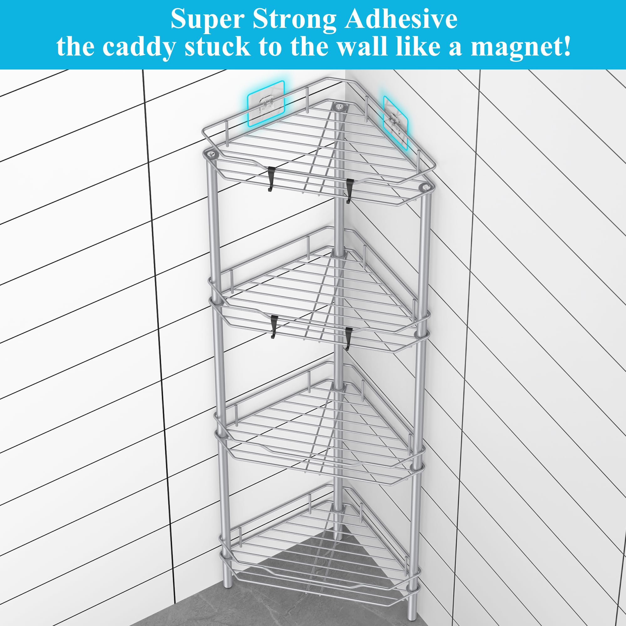 Huggiegems 4 Tier Floor Standing Corner Shower Caddy Organizer Shelf With Hooks, Bathroom Shelves Stand Rack, Silver