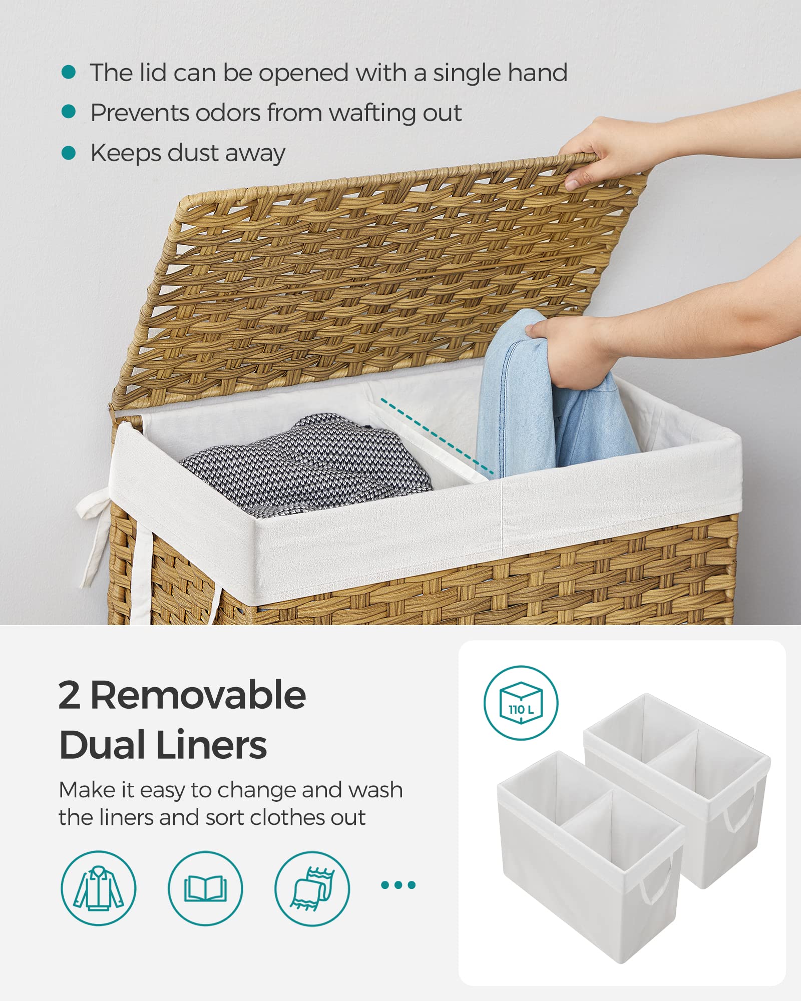 Songmics Laundry Hamper With Lid, 110L Clothes Hamper With 2 Removable Liner Bags, 6 Mesh Bags, Wicker Laundry Basket, Double La