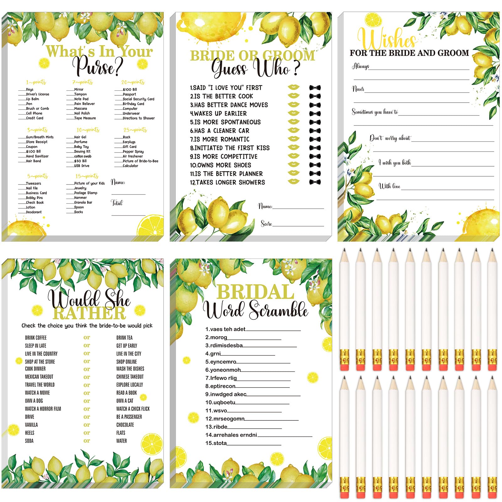 145 Pieces Lemon Bridal Shower Game Bridal Shower Favors Wedding Shower Games Set Include Wedding Games Cards and Pencils for Br
