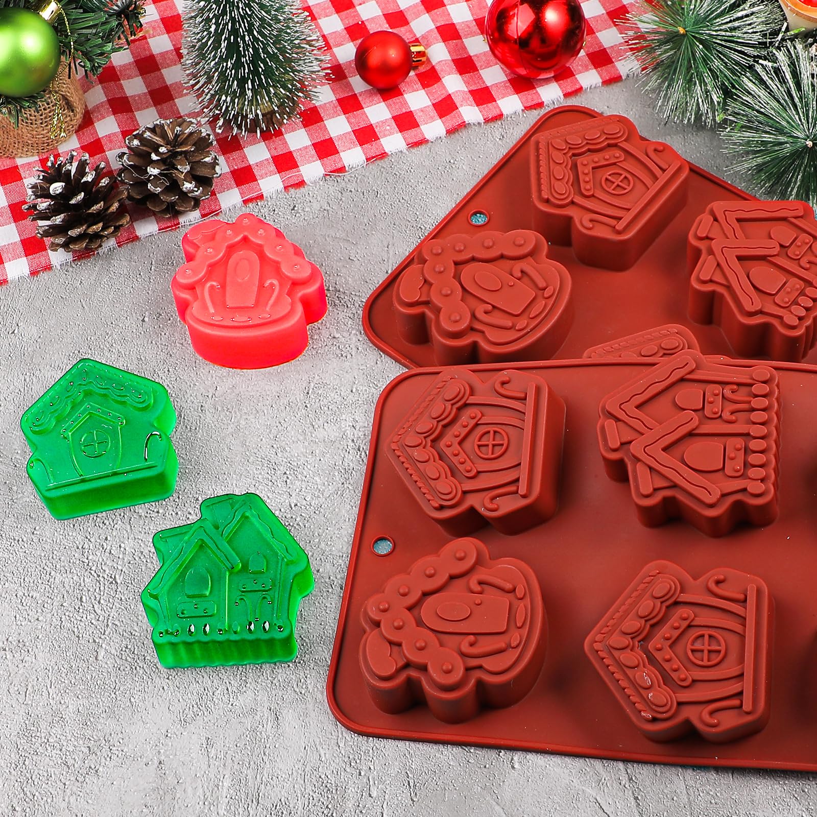 Webake Gingerbread House Cake Molds Silicone Christmas Village Gingerbread Mold 6-Cavity, Perfect For Cake, Soap (Pack Of 2)