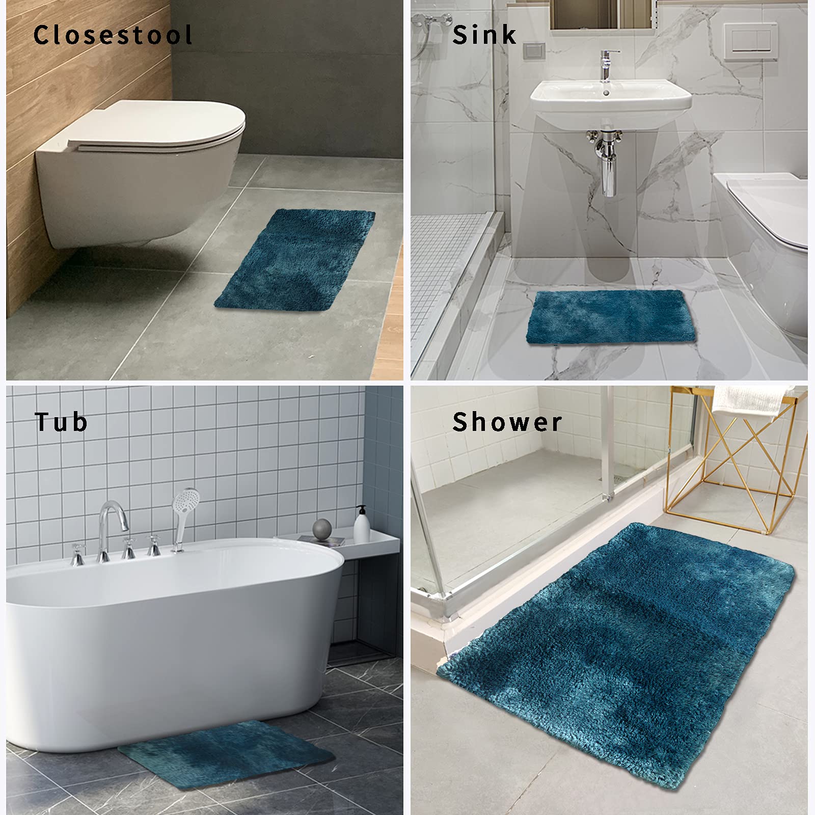 FIFU Bathroom Rugs Non-Slip  Soft & Shaggy Bath Mats for Bathroom Floor  Tub and Sink  Absorbent and Machine Washable  17x24 Inches Peacock Blue