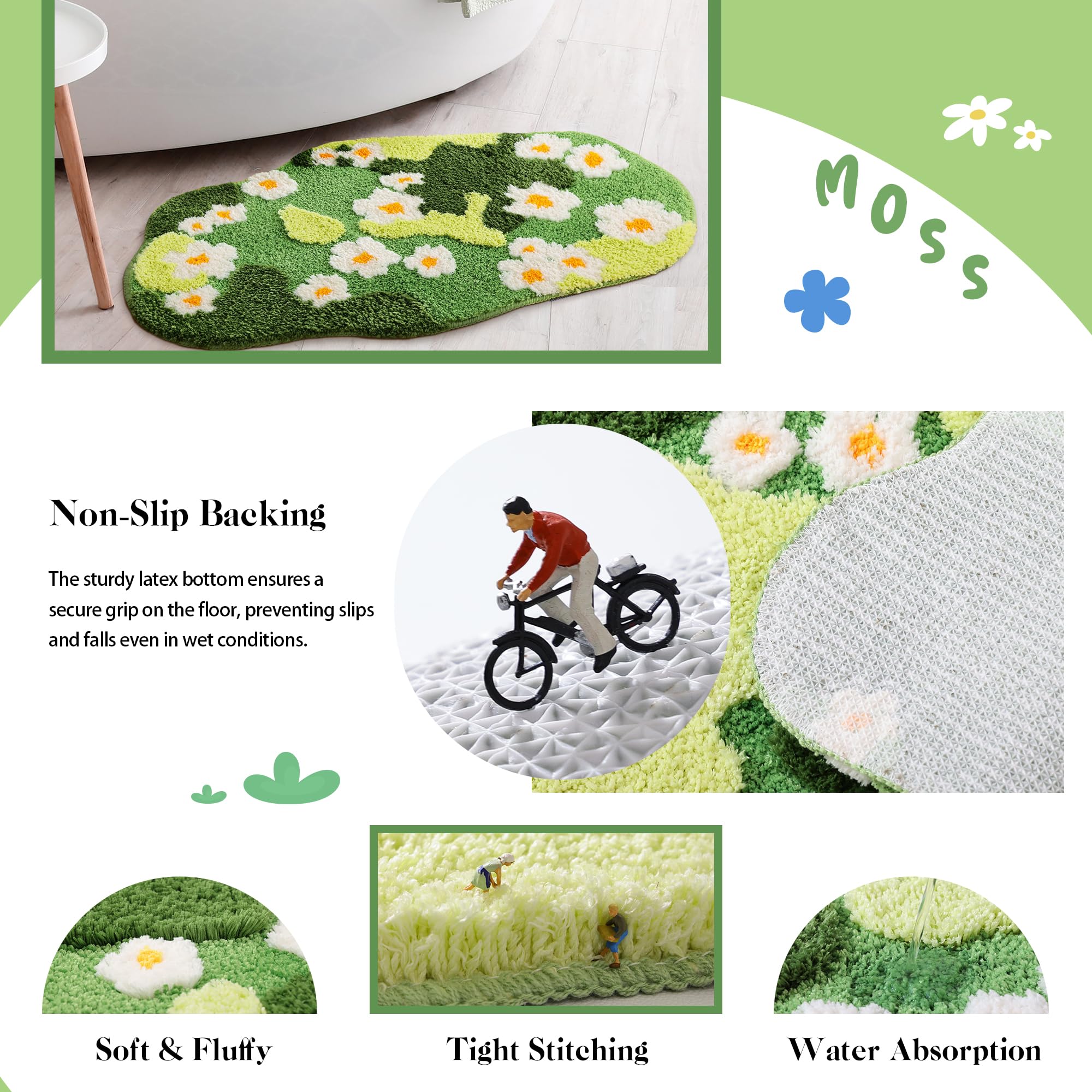Yikush Bathroom Rugs For Living Room Green Moss Rug Cute Bath Mat With Small Flower Non Slip Bath Mats For Bathroom Floral Washa