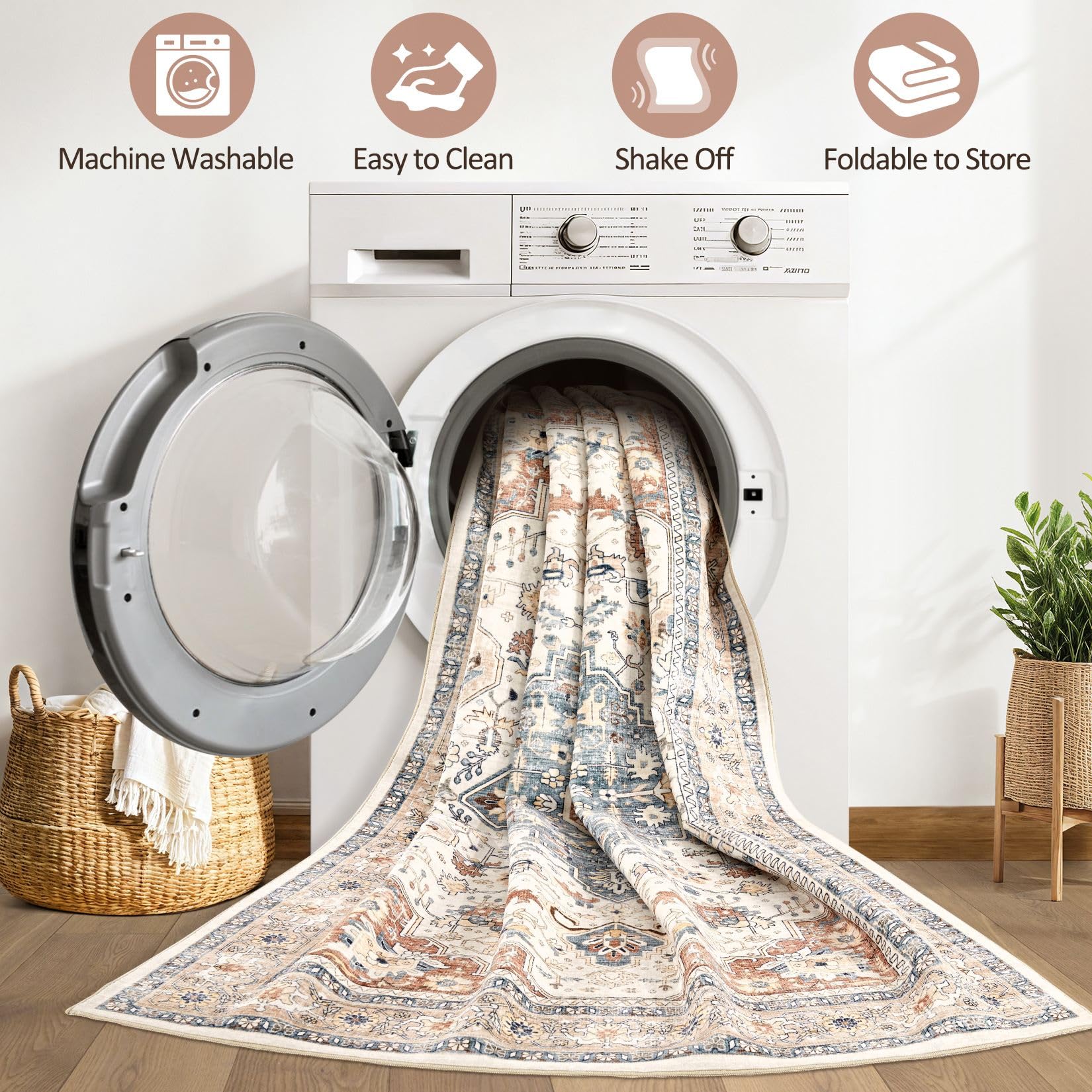 8x10 Area Rugs Living Room: Washable Boho Large Neutral Vintage Soft Rug Stain Resistant Distressed Farmhouse Non-Slip Indoor Fl