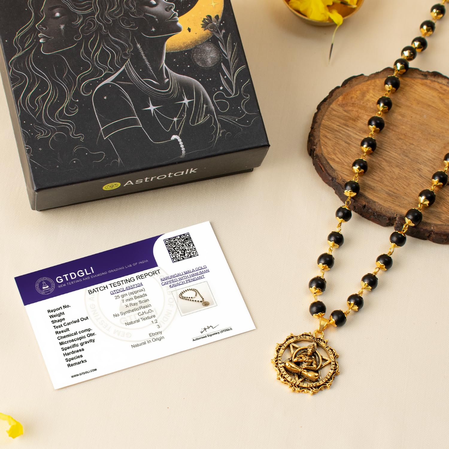 7Mm Golden Capped Karungali Mala With Hanuman Pendant