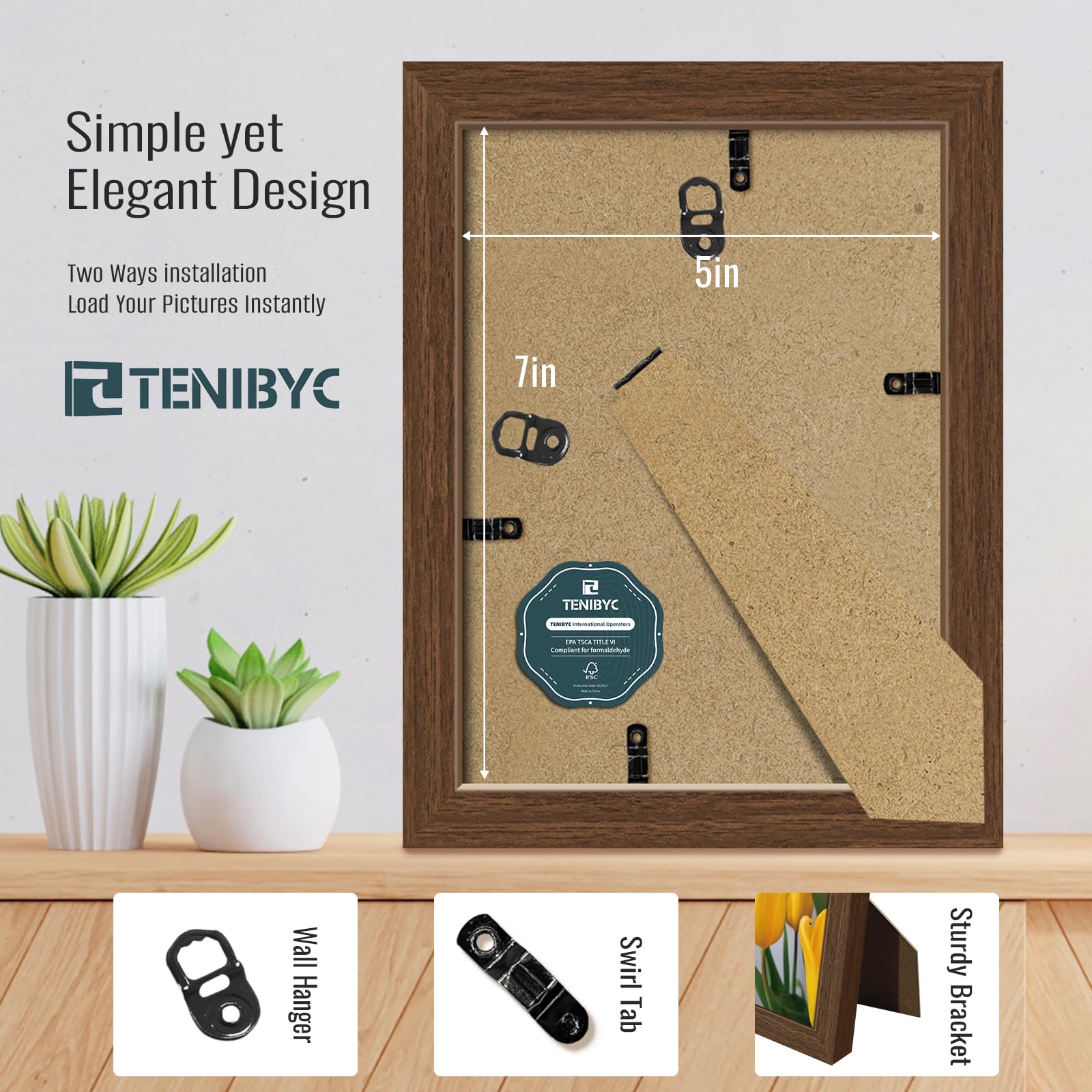 TENIBYC 5x7 Picture Frame 4 Pack - Brown Wood, HD Tempered Glass, 5 x 7 Photo Frame for Table Top and Wall Display, Gift for Fam