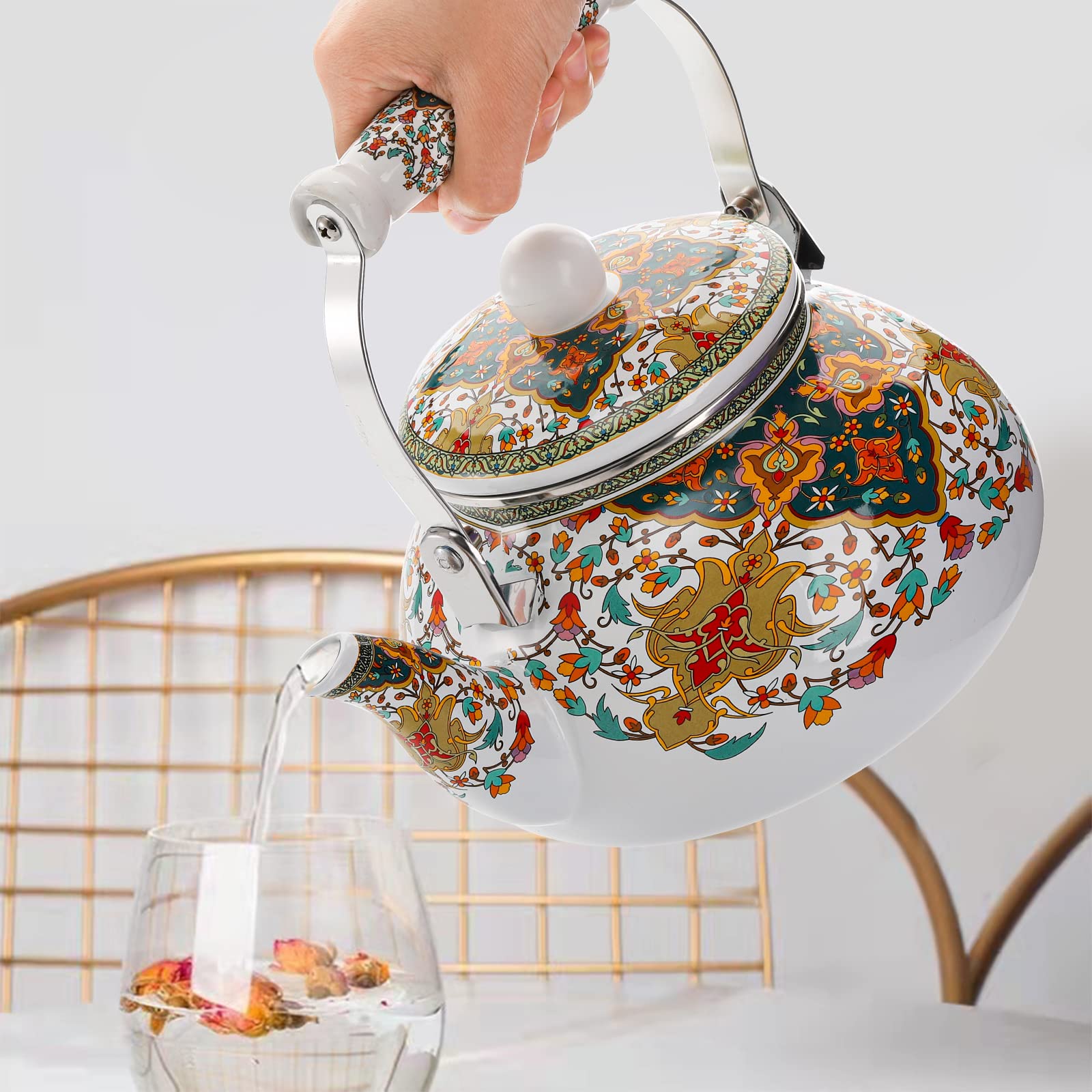 Lyellfe 2.6 Quart Enamel Tea Kettle Stovetop, Vintage Anti Rust Teapot Enameled Teakettle With Porcelain Cool Handle, Hot Water