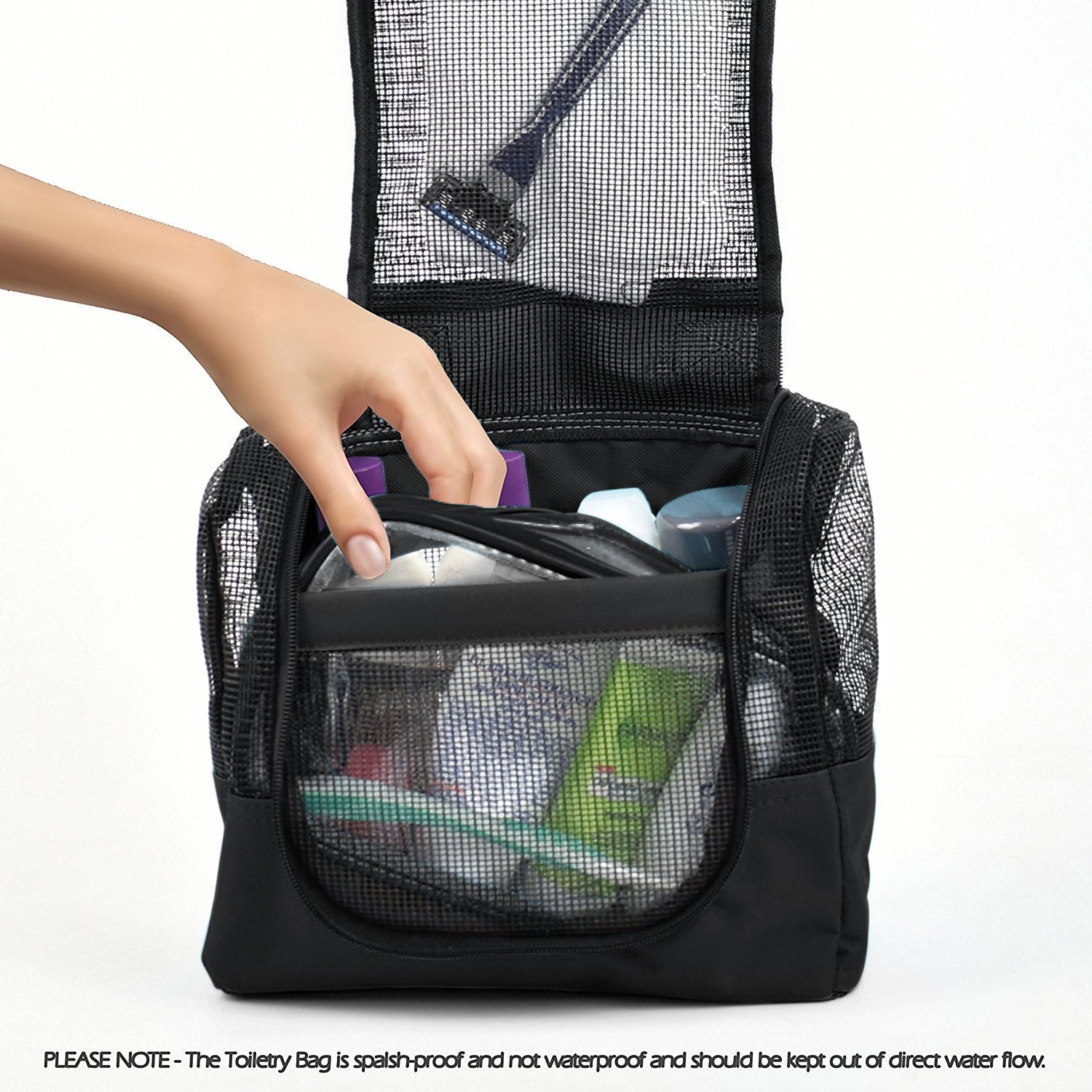 The Fine Living Co. Portable Hanging Shower Caddy Organizer Bag (Free Toiletries Case+Metal Hook) Quick Dry Mesh Shower Caddy To