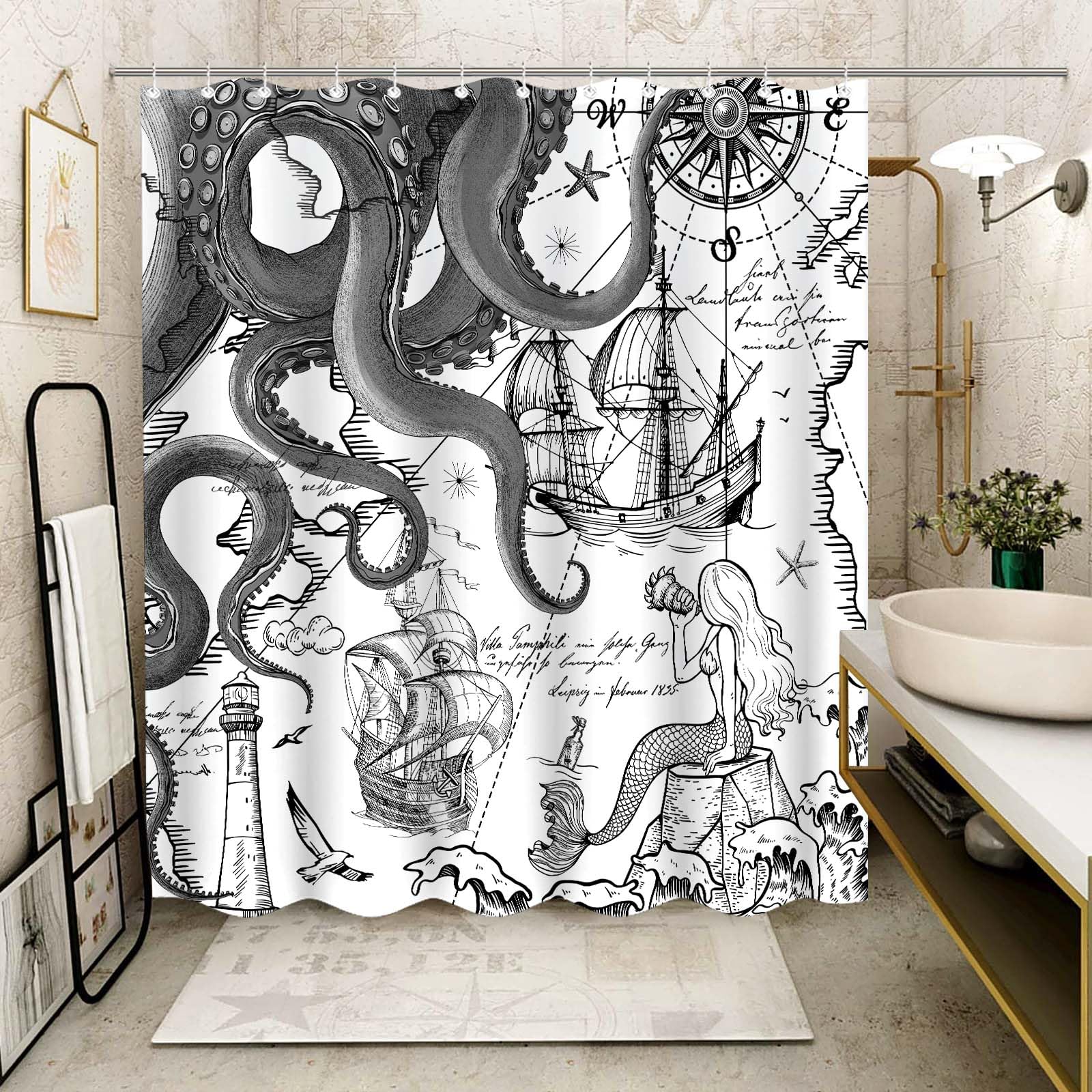 Fungarth Black Gray Nautical Octopus Shower Curtain Grey Mermaid Funny Ocean Kraken Shower Curtains For Bathroom Cool Anchor Coa