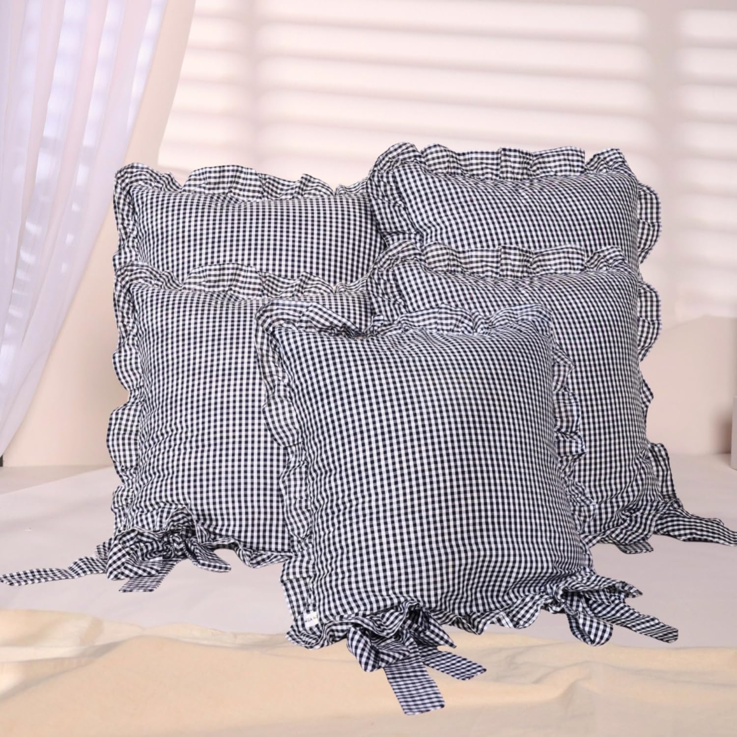 Sleepy Threads Cotton Cushion Covers - Set Of 5, 16X16 Inch, Grey & White Checkered Pattern With Frilled Borders - Decorative Th