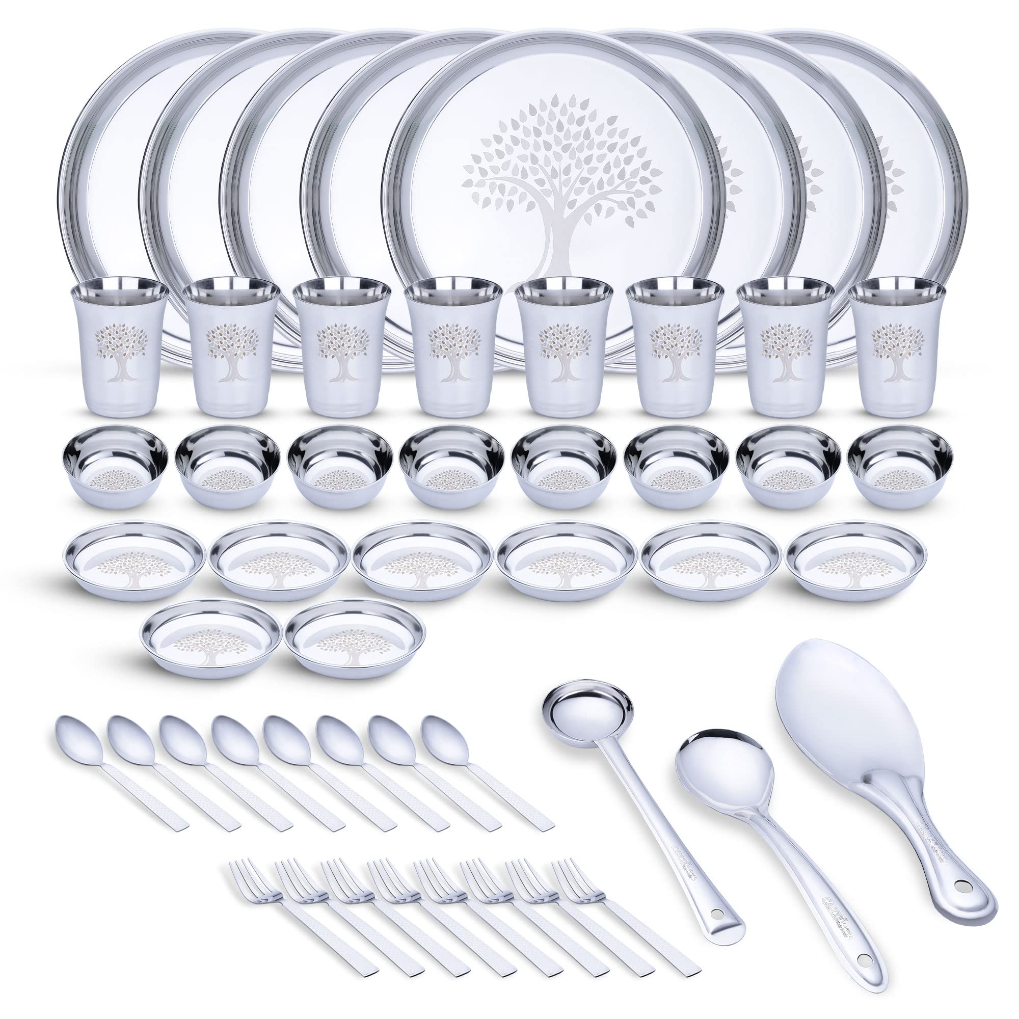 Limetro Steel Stainless Steel Dinner Set For 8 Persons | Complete Indian Thali Set With Plates, Bowls/Katori, Glass, Spoon & For