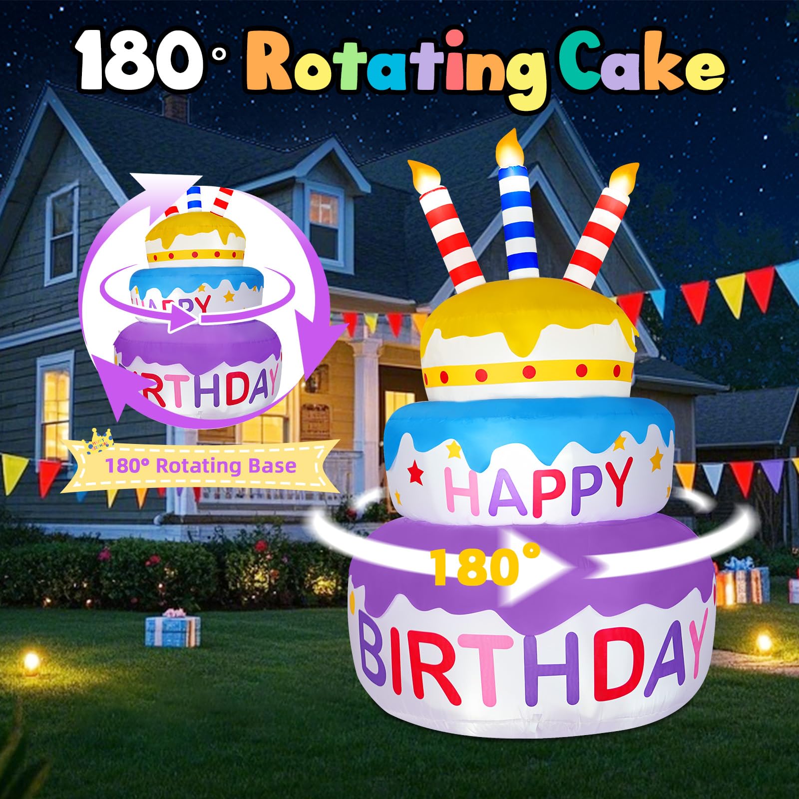 B&D 6FT Happy Birthday Cake Inflatable with 180 Rotation, 3-Color Yellow Blue Purple Tiered Cake with Sparkling LED Lights, Blow