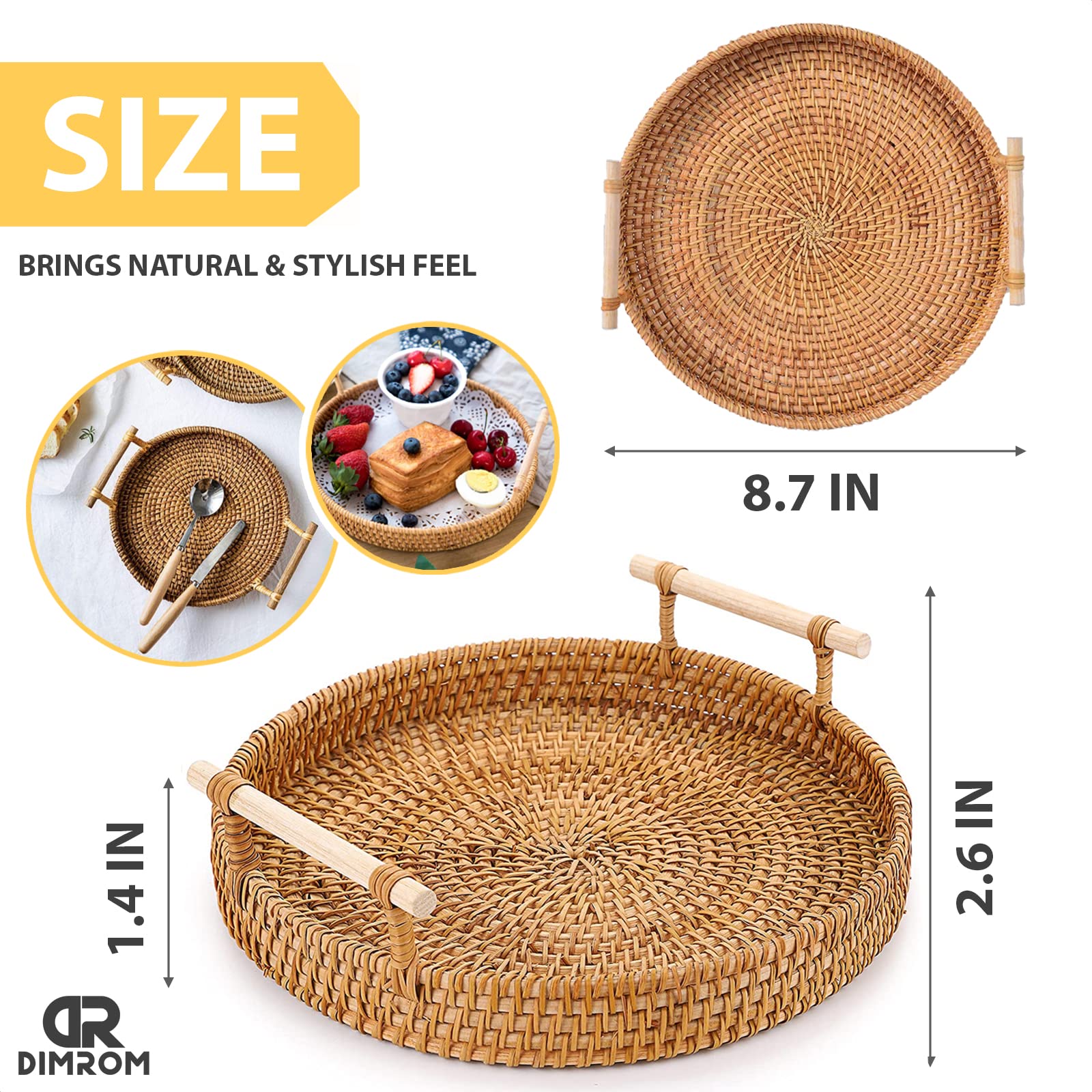 Rattan Tray 8.7-Inch Round Serving Tray Decorative Trays For Coffee Table Decorative Tray | Woven Tray For Bread, Wicker Tray Co