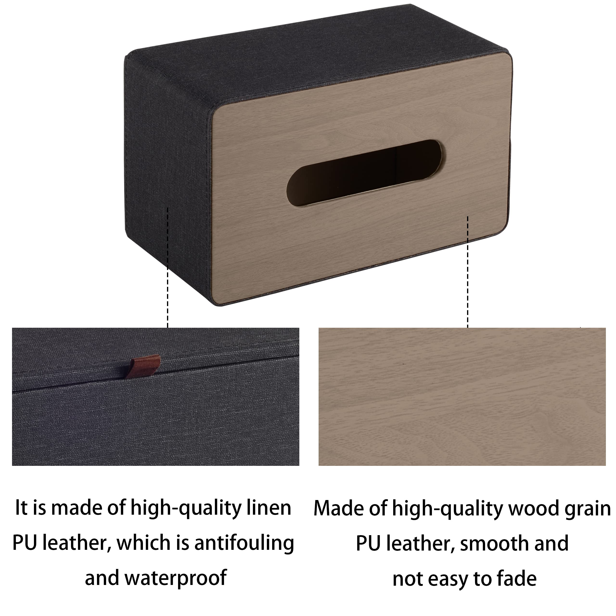 RHCSZ High-end PU Leather Tissue Box Holder Two Color Combination-Linen and Wood Grain Rounded Rectangle Napkin Paper Case Dispenser for Home Bathroom Dresser Offices Car Tissue Cover (Black)