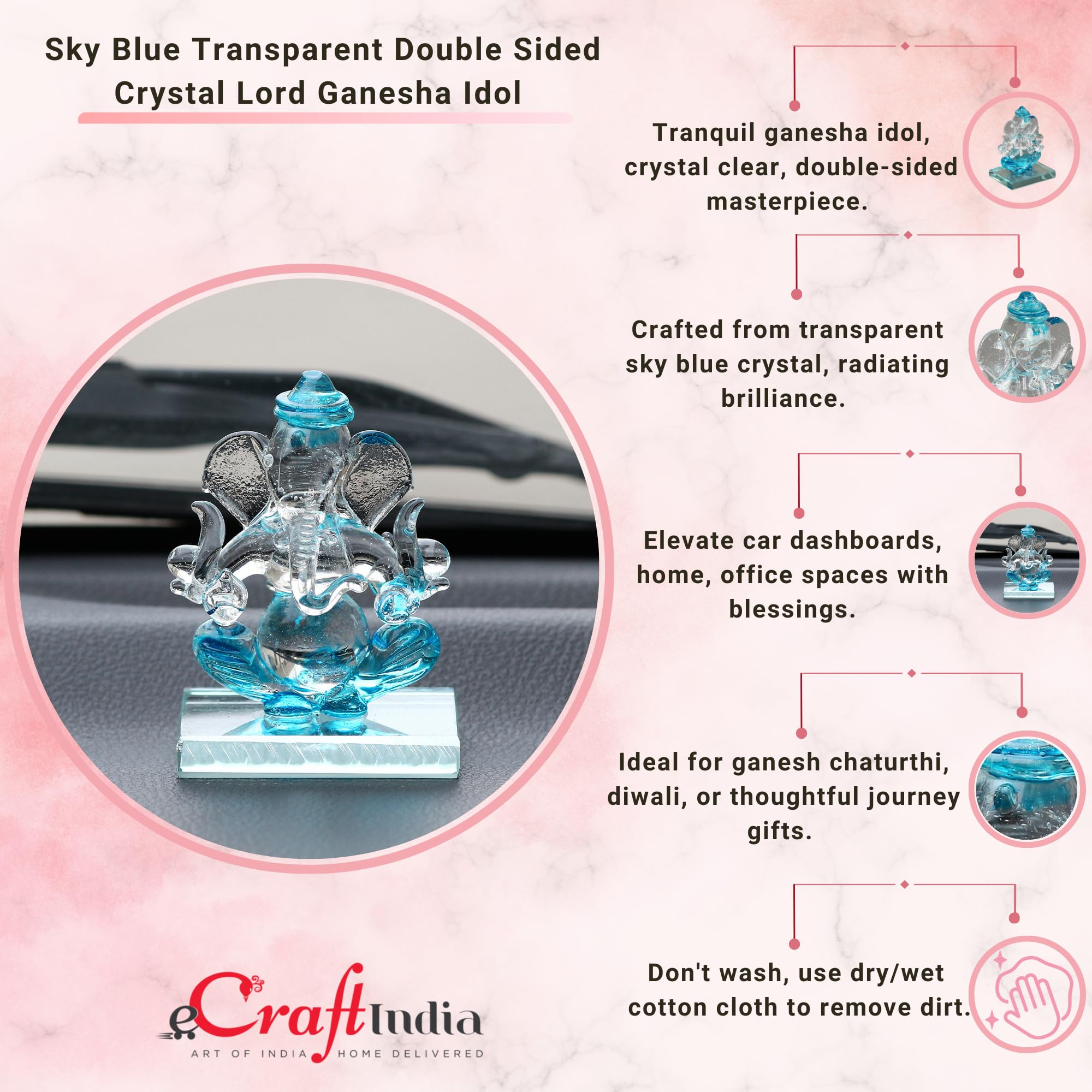 Ecraftindia Skyblue And Transparent Double Sided Crystal Car Ganesha Showpiece