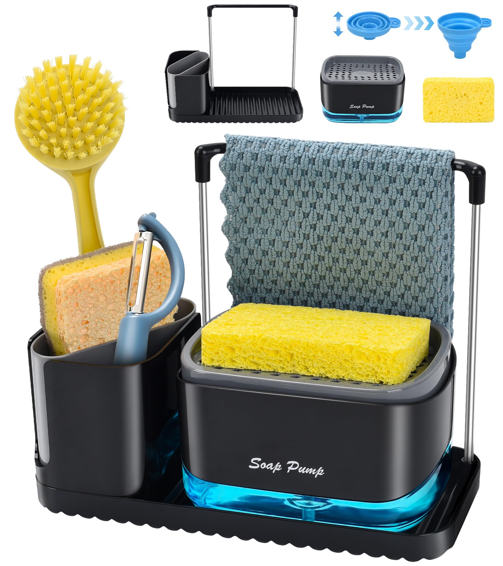 Bestseek Kitchen Soap Dispenser Set With Tray And Sponge Holder, Sink Caddy Organizer With Dishcloth And Dish Brush Holder, For