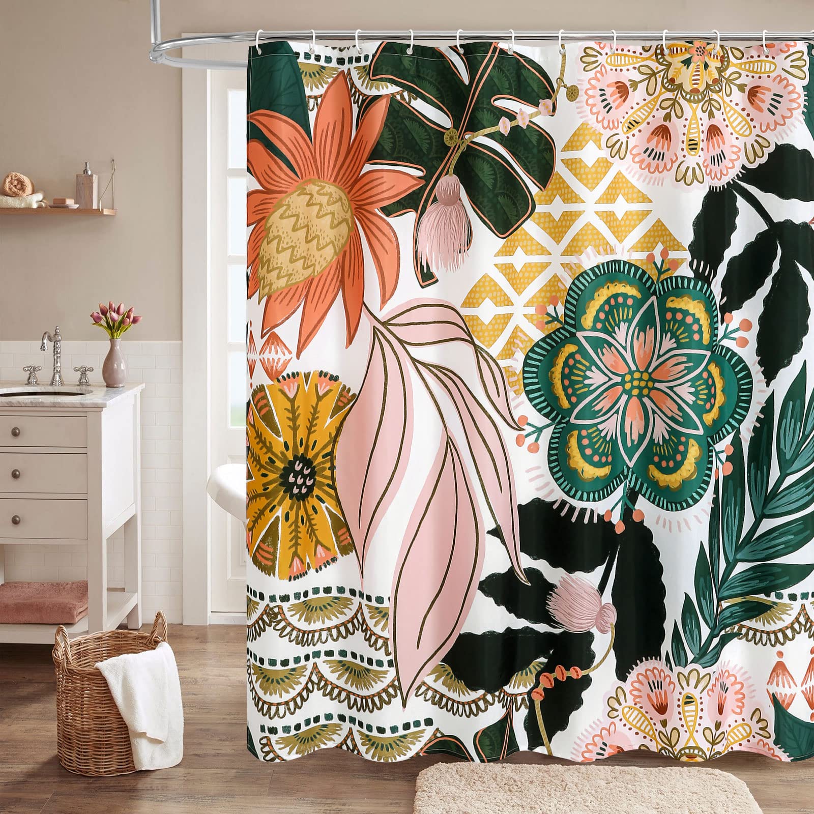Mitovilla Boho Floral Shower Curtain Set With Hooks, Tropical Leaves Fabric Cloth Shower Curtains For Rustic Vintage Bathroom De