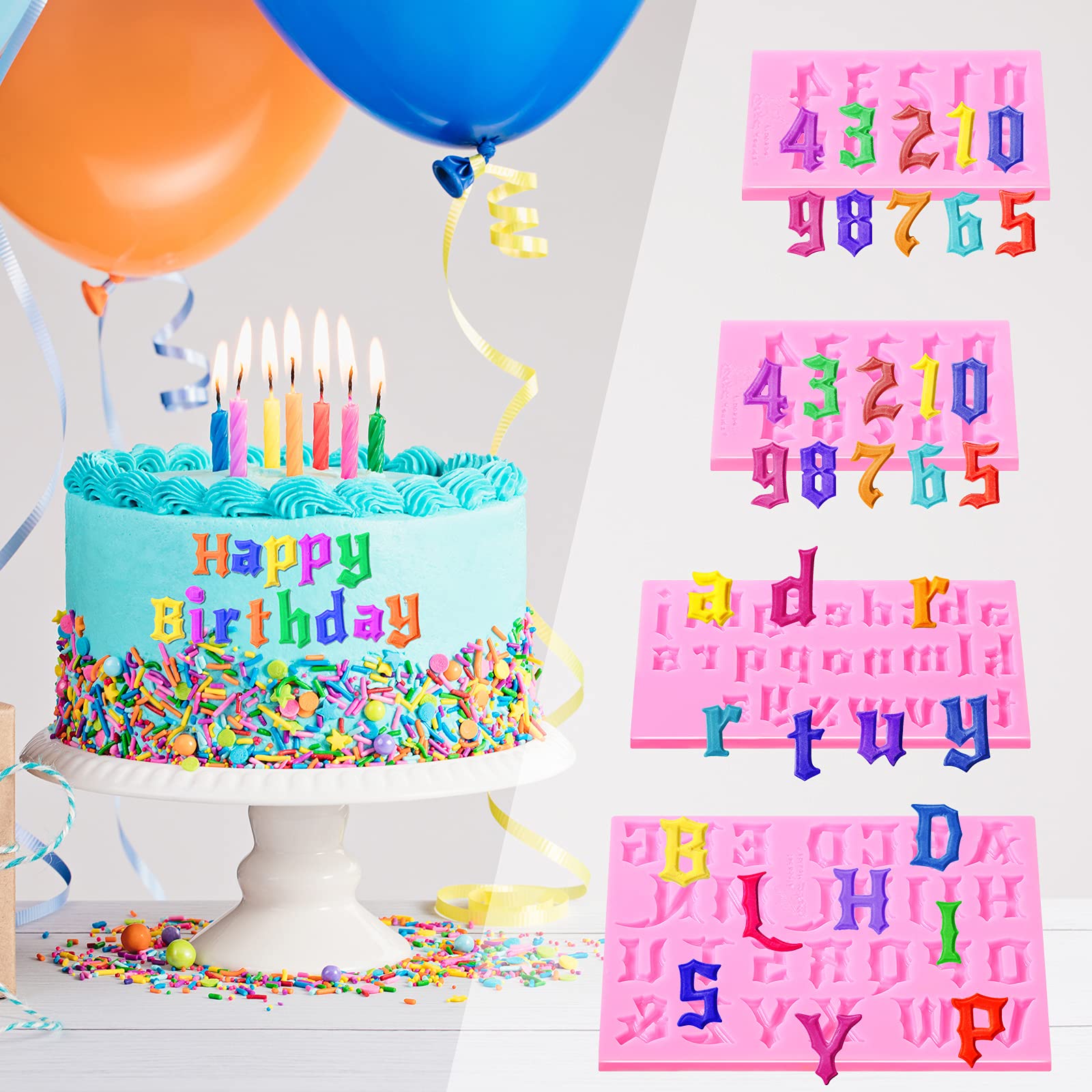 4 Packs Gothic Letters Molds And Numbers Molds Silicon Number 0-9 3D Chocolate Fondant Molds For Cake Topper Candy Molds Fondant