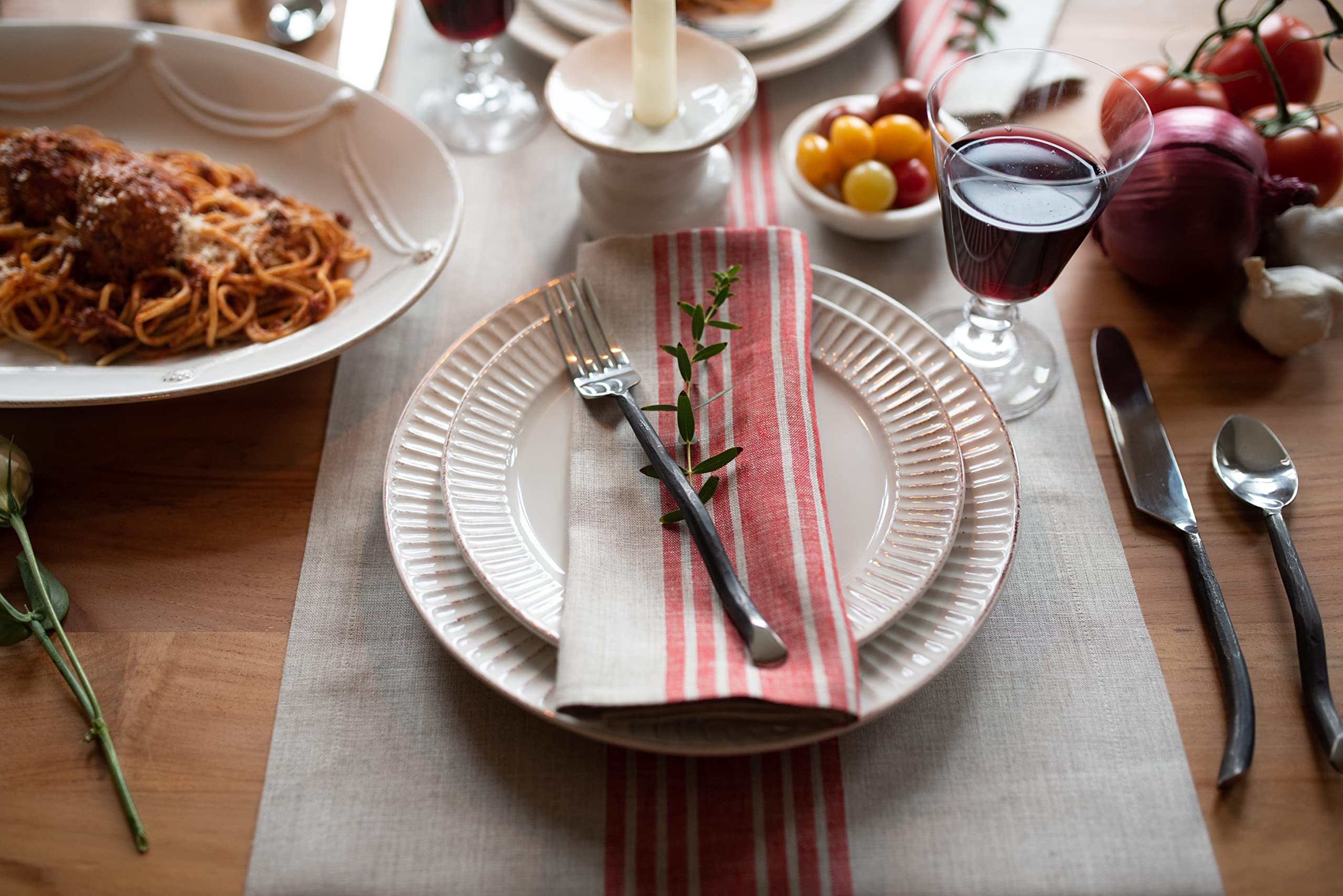Solino Home Stripe Linen Table Runner 108 Inches Long - 100% Pure Linen Red And Natural Table Runner 14 X 108 Inch - Machine Was