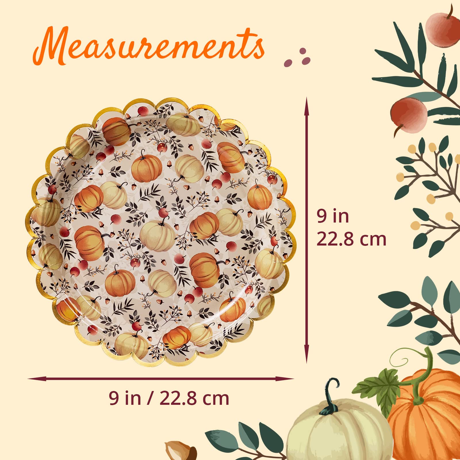 Confettiville Thanksgiving Paper Plates, 50-Count Fall-Themed Decorative Disposable Serving Plates, Cream, Gold Foil Scalloped E