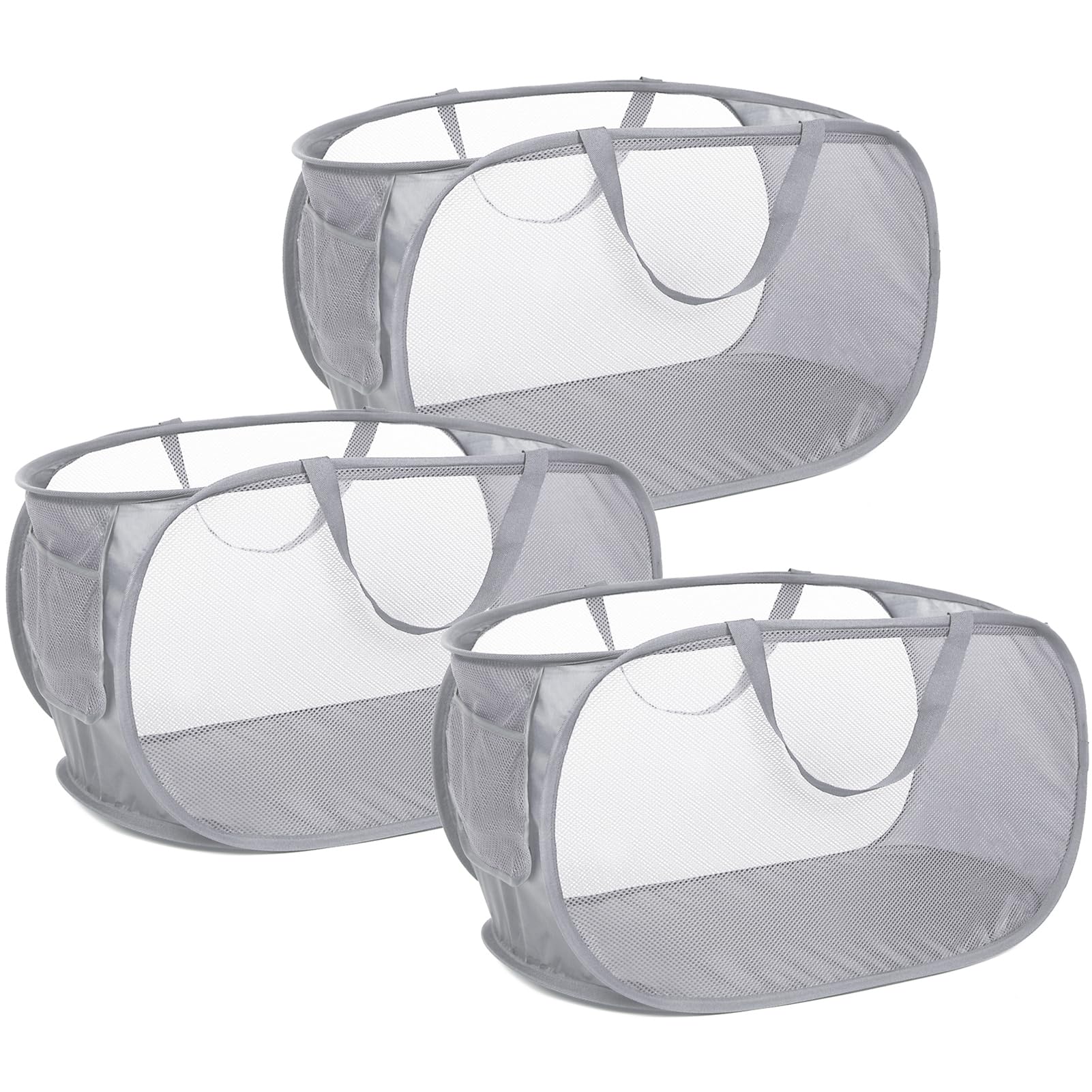 3 Pack Collapsible Laundry Baskets, Foldable Laundry Basket With Pocket, Mesh Pop Up Hampers, Reinforced Handles Dirty Clothes H