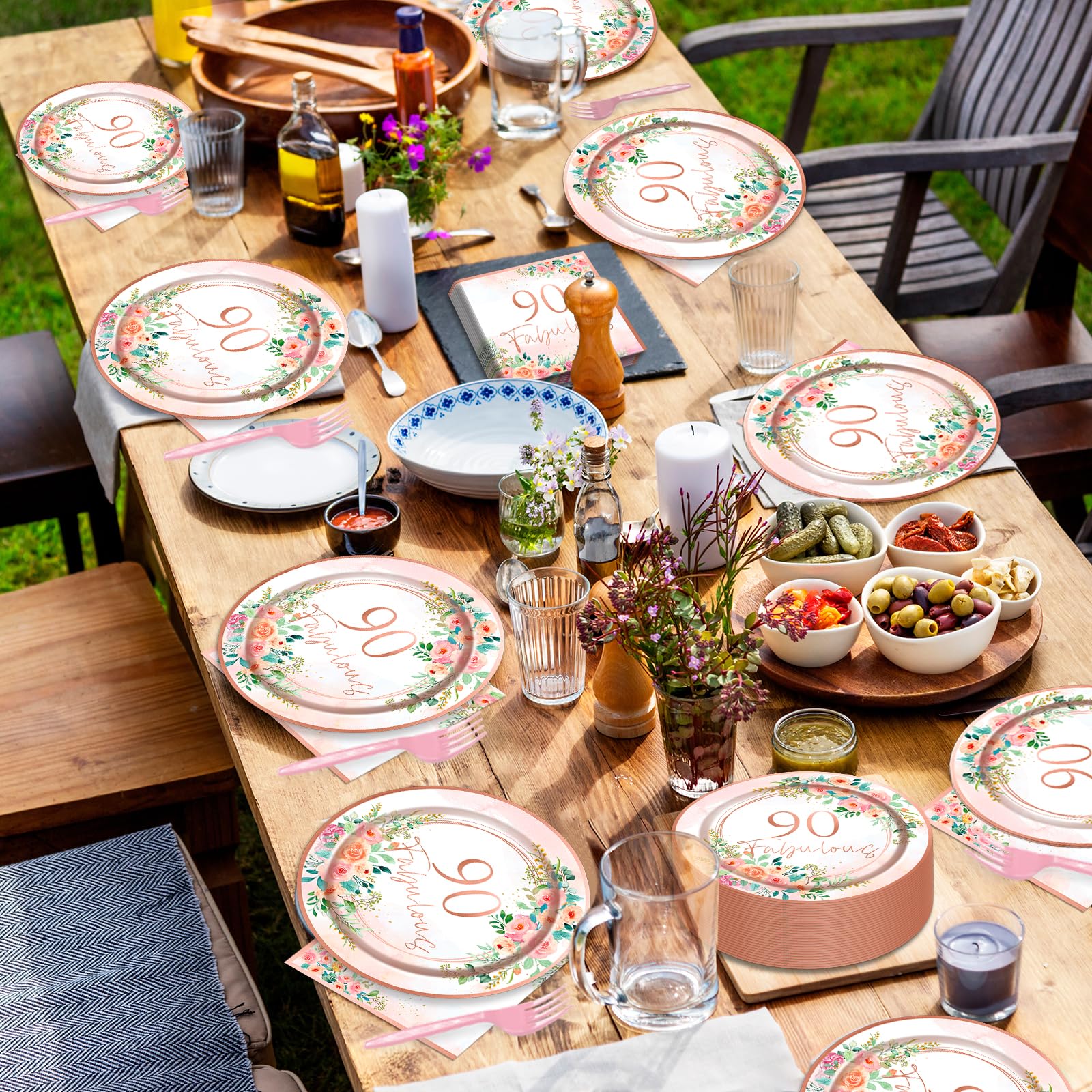 200Pcs 90Th Birthday Party Supplies Rose Gold Tableware Set Fabulous Disposable Plates Napkins Forks 90Th Birthday Party Decorat